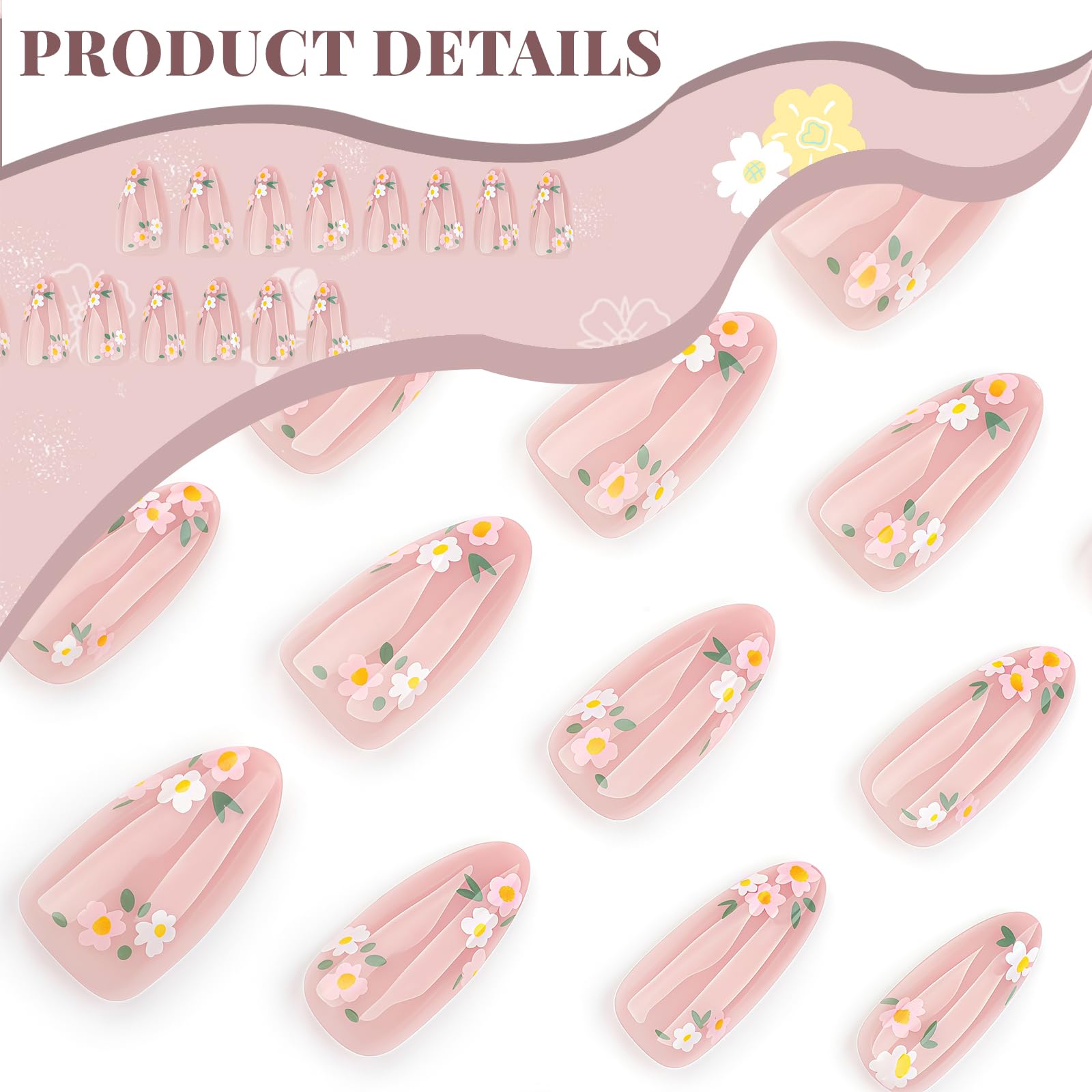 AstraGlam 24Pcs Pink Press on Nails with Daisy Design, Medium Almond Shaped Soft Gel False Nails - Image 3