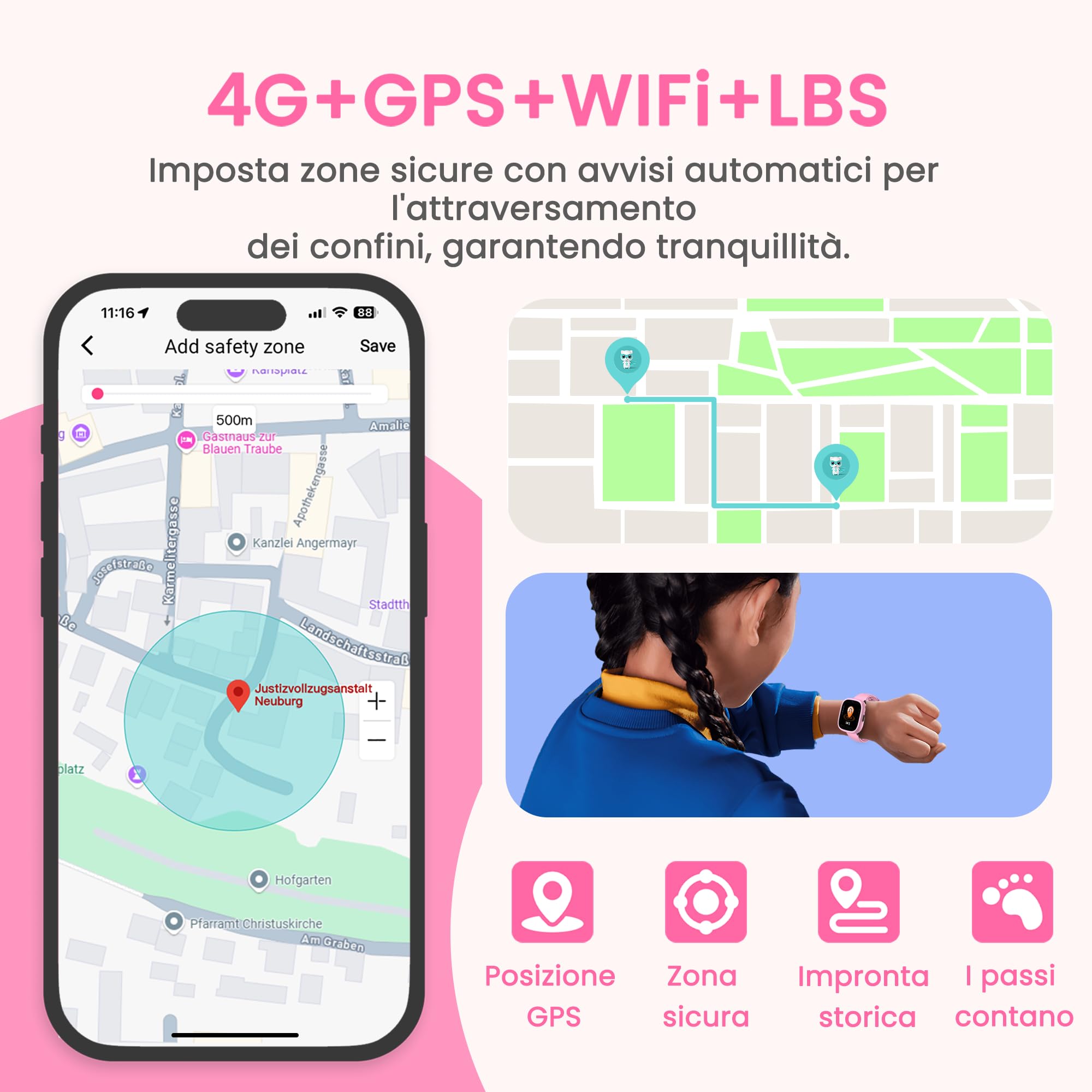 K3 Smartwatch bambini con GPS e telefono, 1,7" HD 4G smartwatch per bambini con videochiamata, WiFi, SOS, Sveglia, Modalità scuola, IP68 impermeabile – Orologio smartwatch bambino dai6