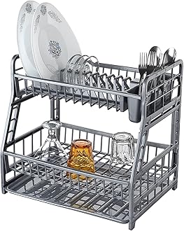 SAFRI 2-Tier Plastic Plate Dish Drainer Rack Glasses Crockery Cutlery Utensil Drainer with Drip Removable Tray (Grey)