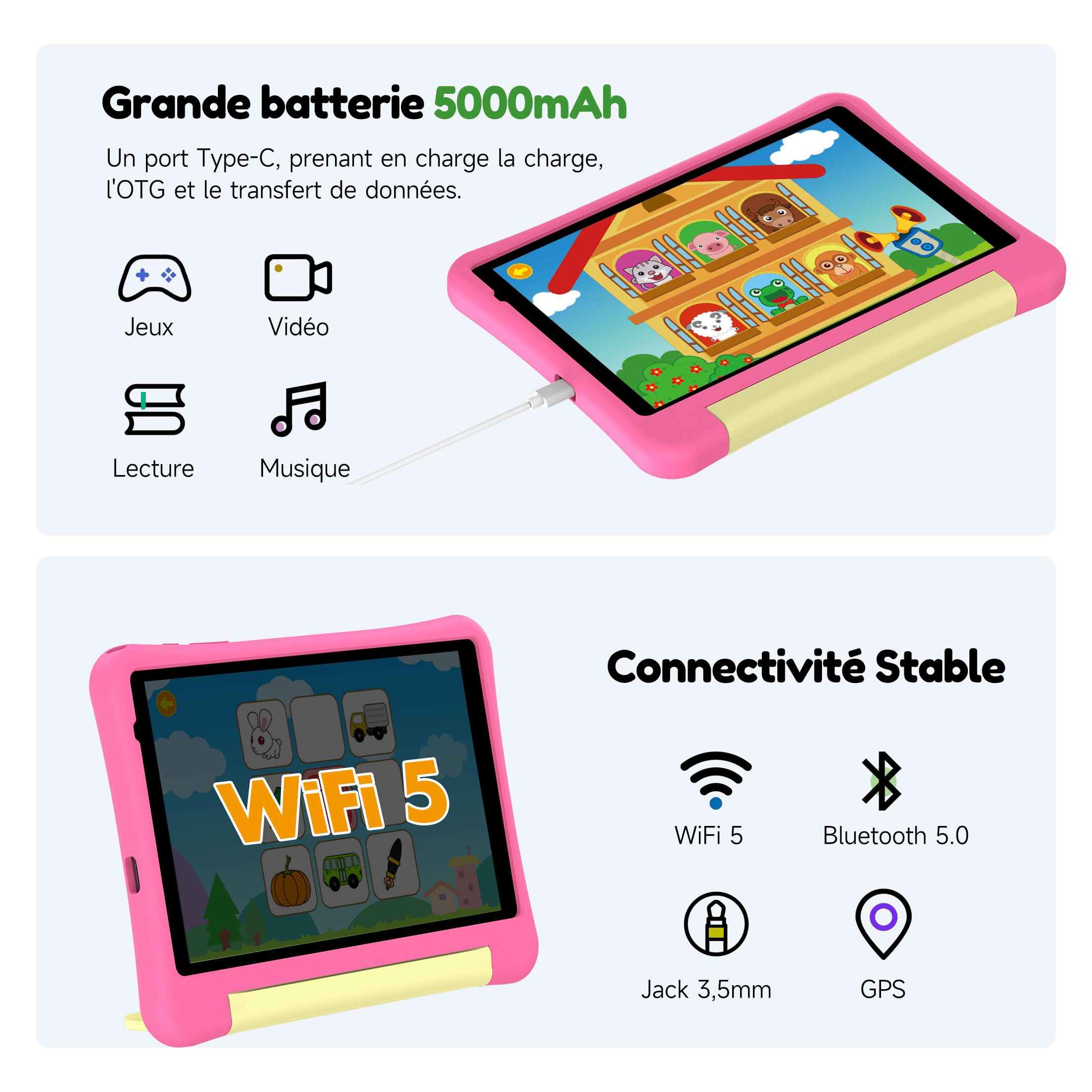 Tablette Enfants 8 Pouces,Avec Contrôle Parental et Coque Antichocs Rose | Tablette Android 15 Éducative pour Enfant de 3 à 12 ans,Avec “iWAWA",5000mAh,32GB ROM,512GB TF,Compatible YouTube Kids