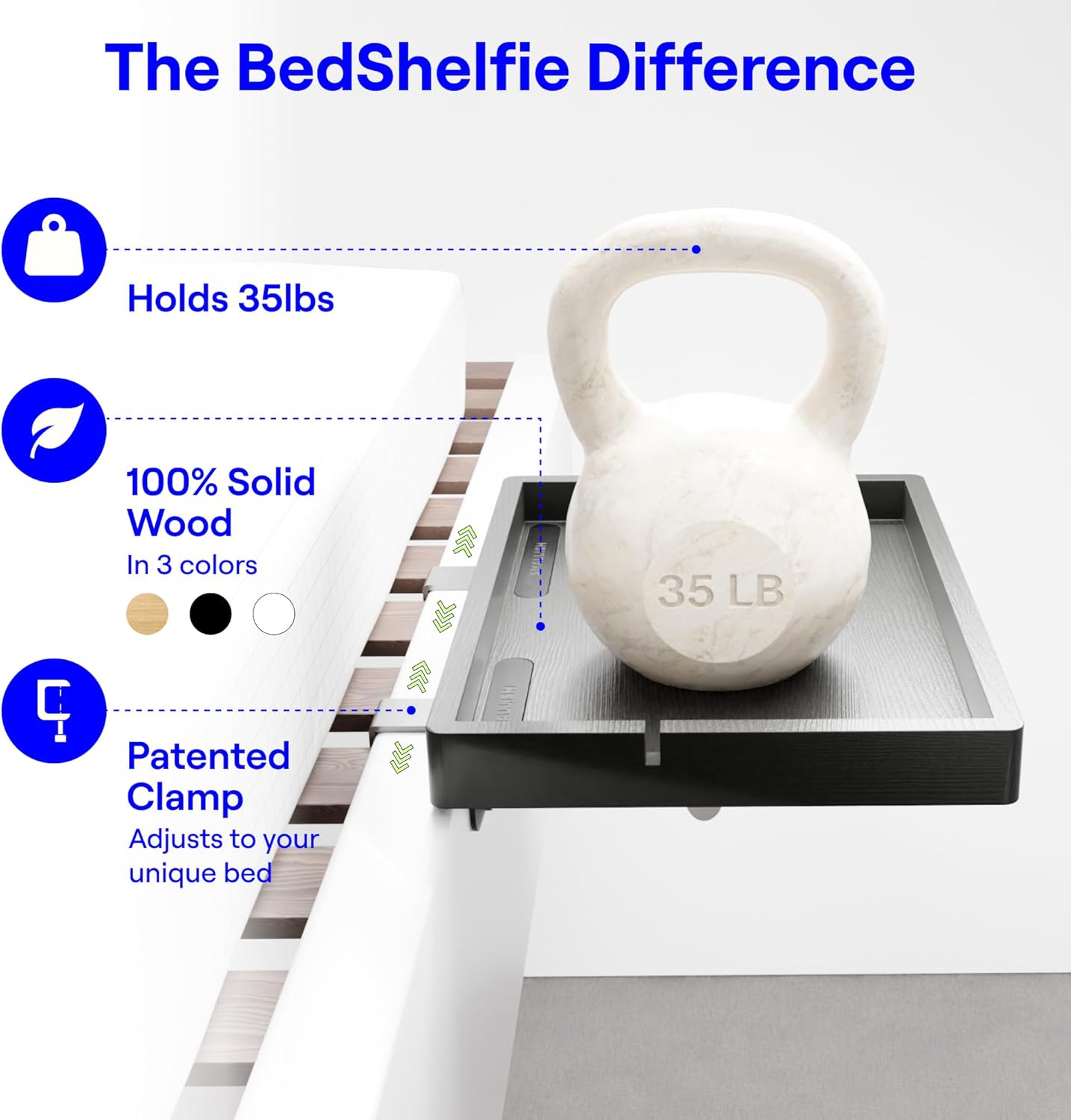 BedShelfie Wood Bedside Shelf for Bunk Bed & Top Bunk, College Dorm Room Essentials, Loft Nightstand, Floating Bed Side Table Tray Storage, Dorm Room Decor by Smallish - (Flexfit Bamboo Model, Black)