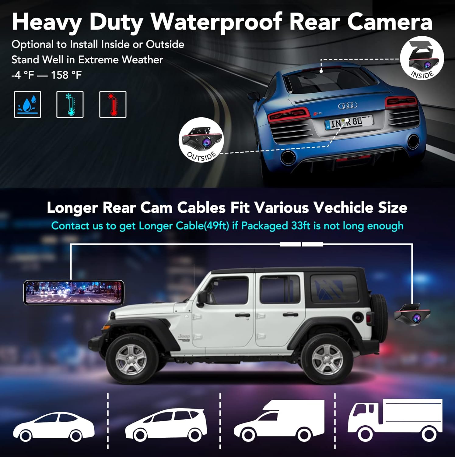 Waterproof rear camera installation options and cable length information