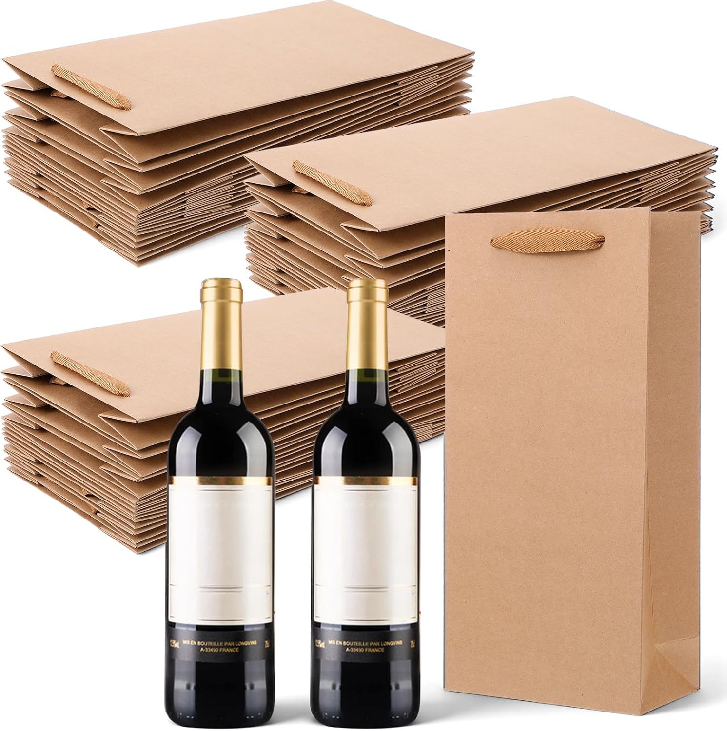 36 Pcs Paper Wine Bags with Handles, 6.7 x 3.5 x 14 Inch Double Bottle Gift Tote Bags Bulk for Retail, Birthday, Wedding, Christmas and Partya
