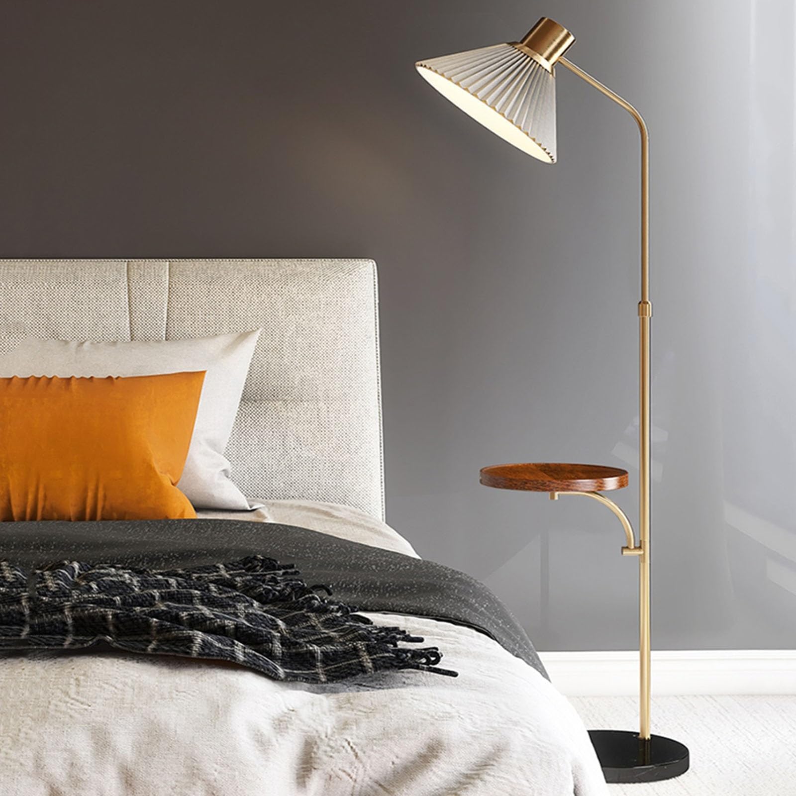 Luce da terra Lampada da terra in stile moderno salvaspazio con vassoio in legno, lampada moderna dimmerabile for soggiorno, camera letto, ufficio Lampada d'angolo