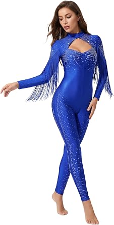 Womens Sparkly Rhinestones Figure Skating Unitard with Tassels Long Sleeve Gymnastics Leotard Nightclub Jumpsuit