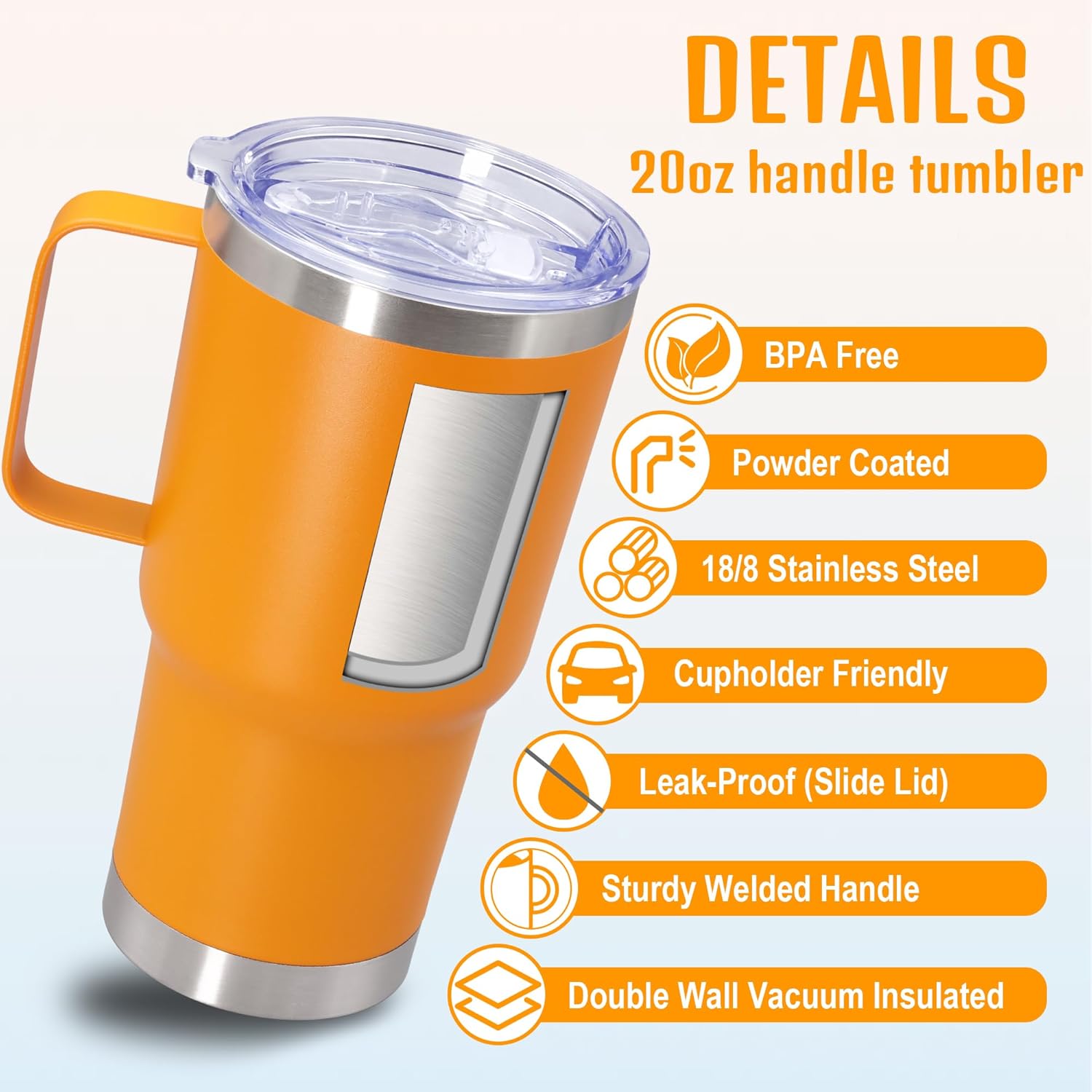 20 oz Tumbler with Handle and Lid, Stainless Steel Tumbler Insulated Travel Coffee Mug, Spill Proof Double Wall Vacuum Tumbler Cup Keep Drink Hot & Cold, Orange, 1 Pack - Image 3