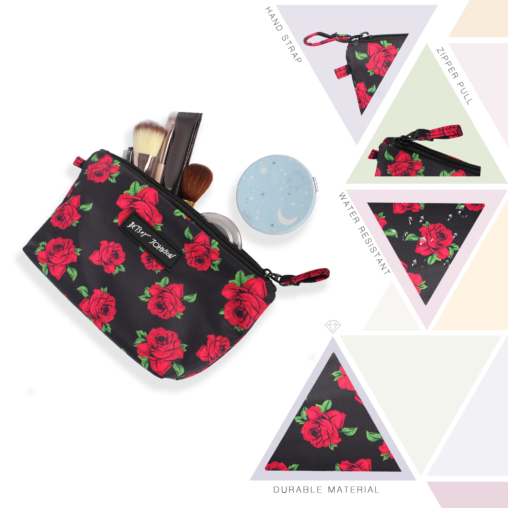 Betsey Johnson 8.5 Inch Zipper Cosmetic Pouch Small Toiletry Bag–Lightweight Durable Polyester Organizer with Inner Zipped Pocket Good For Makeup Accessories and Travel Needs (Covered Rose)