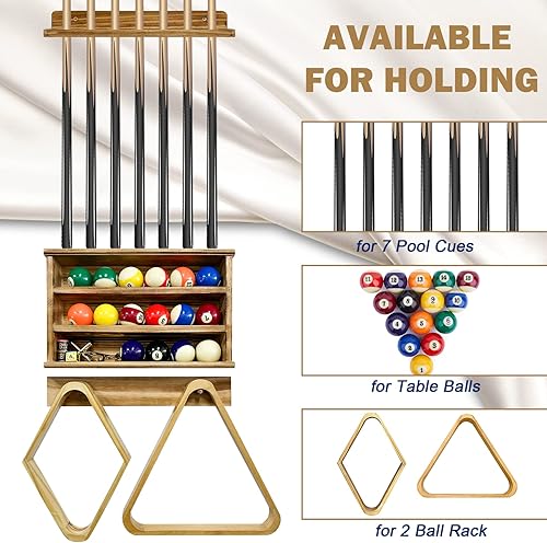 Miniatura 10 de Soporte de pared para palos de billar, soporte para 6 palos de piscina y accesorios de billar, estilo rústico (negro - con estante de bolas)