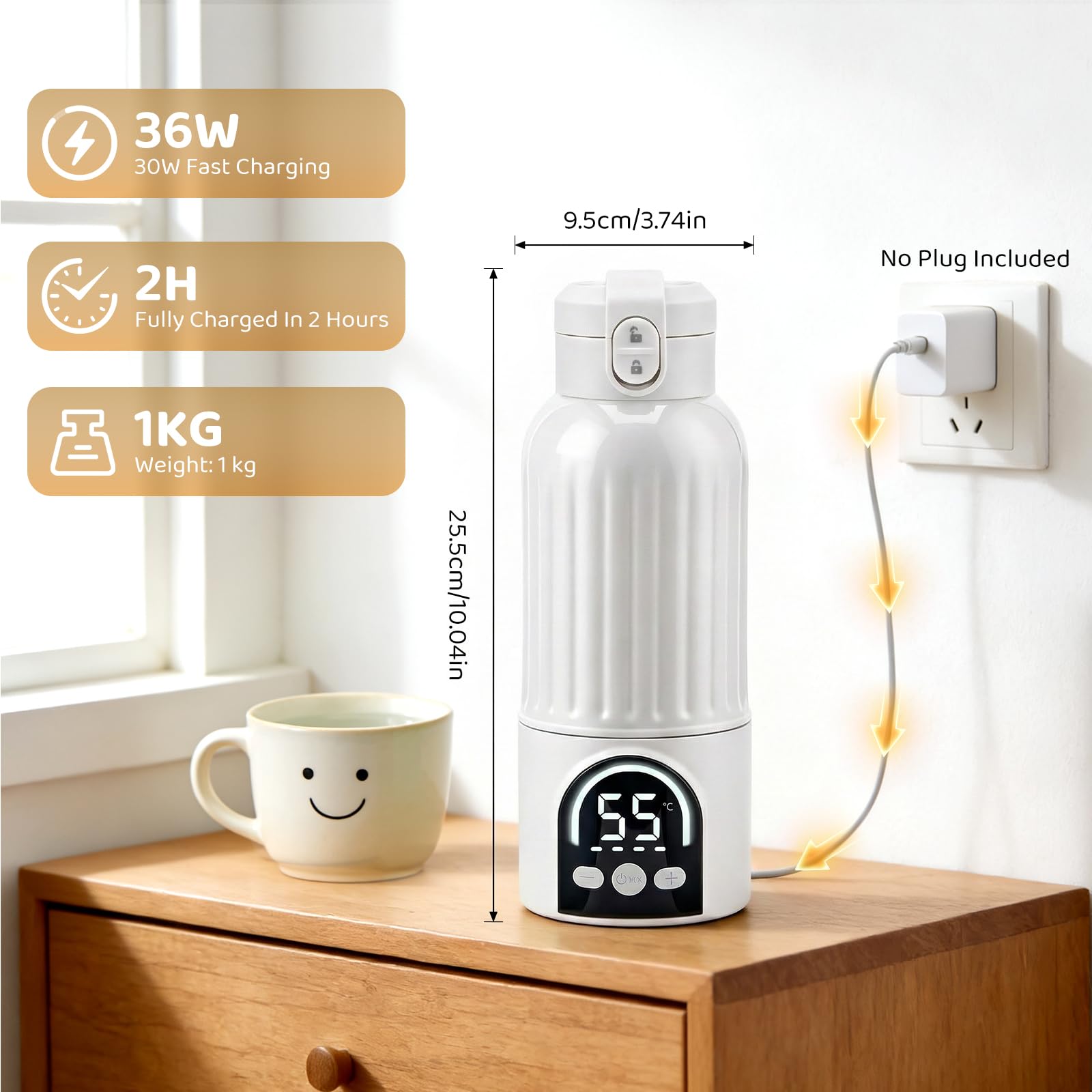 Calentador de biberón portátil con esterilizador, inalámbrico, 140 W, calentamiento rápido, 5 min, 12000 mAh, duración prolongada, BPA Free Inox para leche materna y agua, ideal para viajes nocturnos