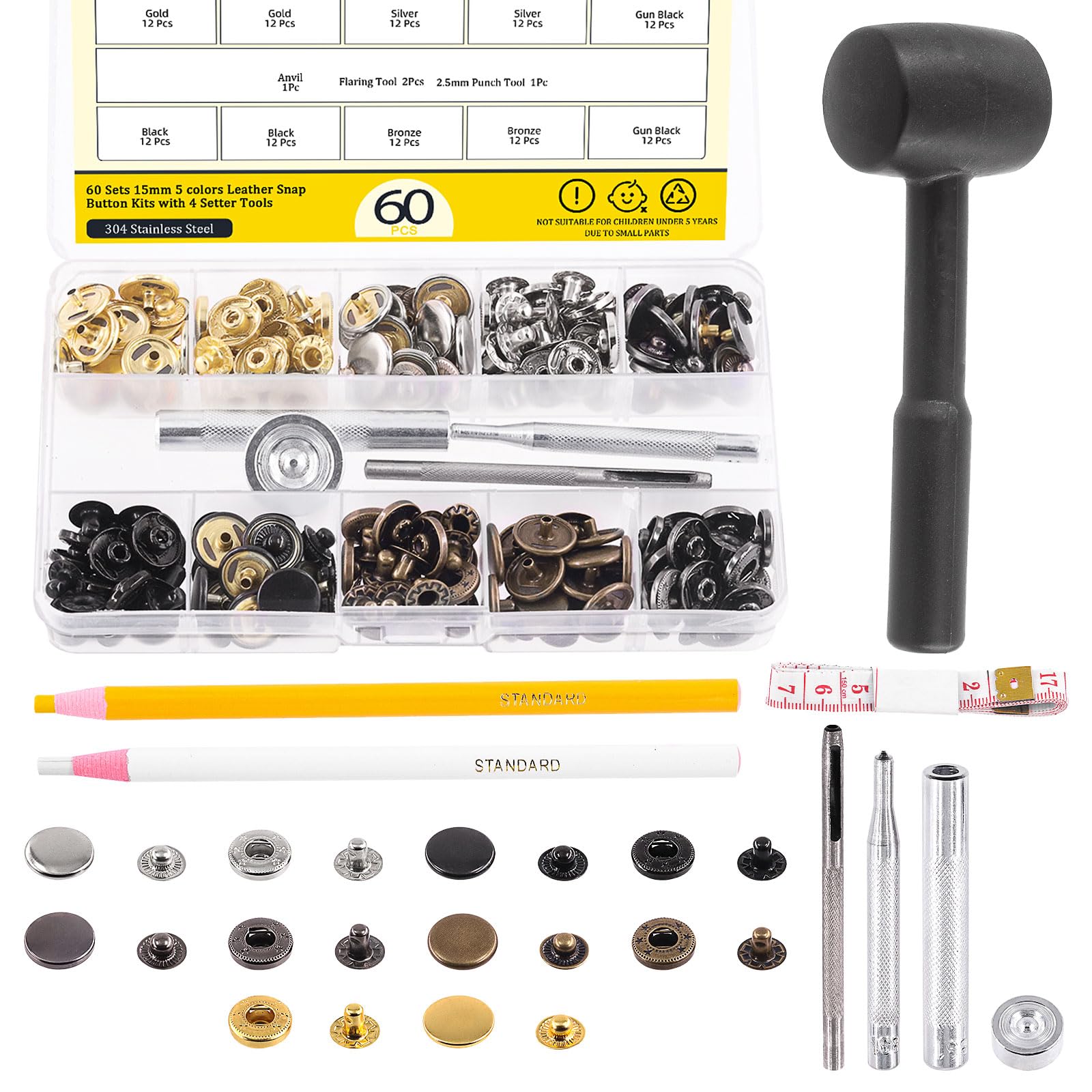 Mardatt 60 Sets Leather Snap Fasteners Kit with Installation tools, 5 Color 15 mm Metal Snap Buttons Press Studs, Hammer, Setting Tools, Grease Pencils, Measuring Tape for DIY Leather
