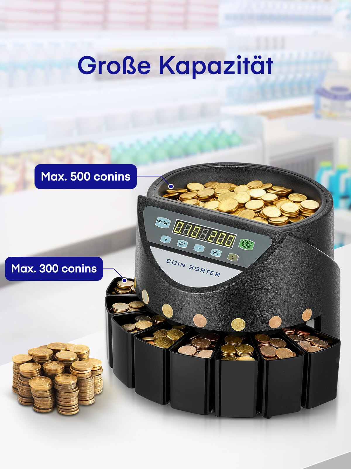 Münzzähler Euro Sortierer, Geldzählmaschine Münzen Sortierer 800 Münzen Kapazität, Münzen Zählmaschine mit 8 Auffangboxen, münzzählmaschine für Schulladenbank, schwarz, U-Bahnen