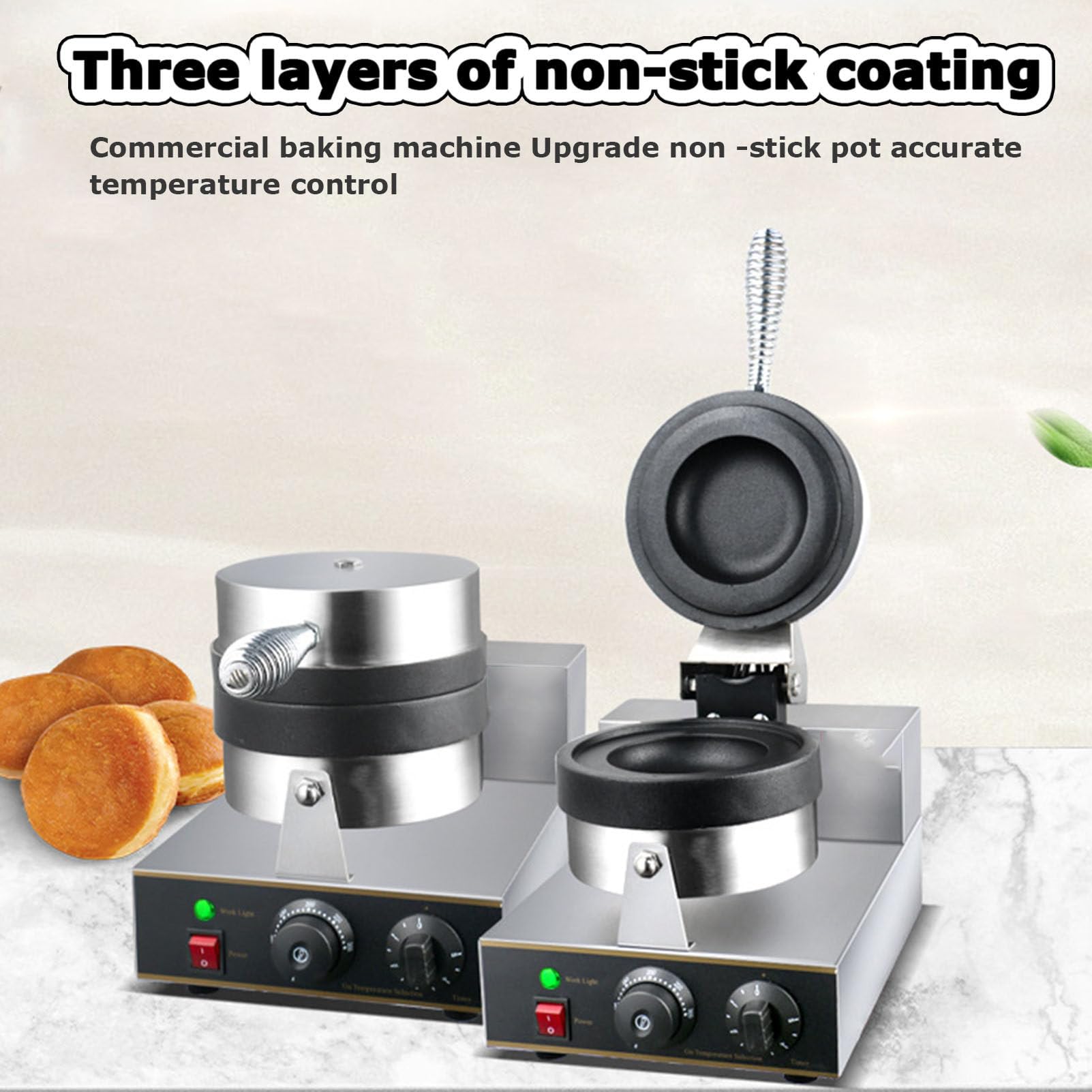 Hamburguesas Gofreras Redondas 1300W, Máquina eléctrica comercial para hacer gofres y tartas de huevo con bandeja de goteo para restaurante, control de temperatura 50-300℃ placas antiadherentes