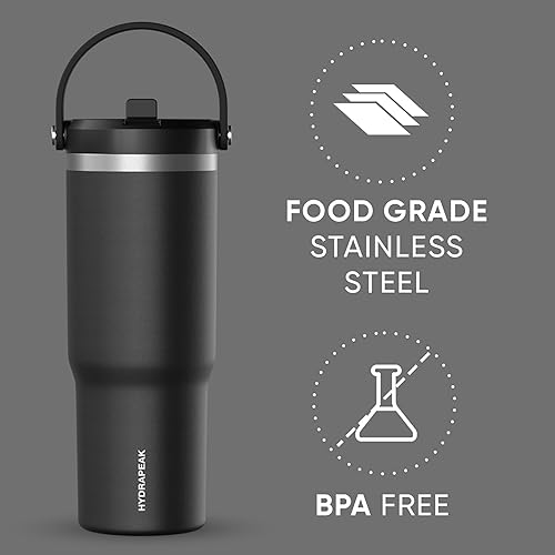 Miniatura 3 de Hydrapeak Nomad - Vaso de 32 onzas con asa y tapa con pajilla, a prueba de fugas, con doble aislamiento, de acero inoxidable, color negro, 32 onzas