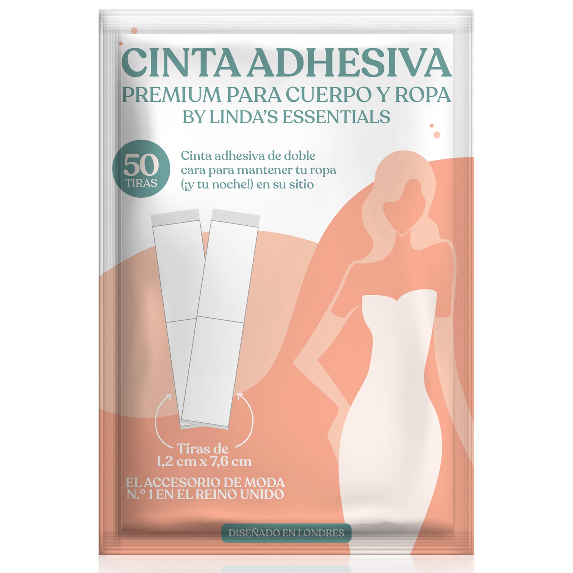Linda's Essentials Cinta Doble Cara Ropa y Piel Invisible (50 Cintas) Adhesivo Natural Extrafuerte y Resistente al Sudor - Hipoalergénica - Sin Daños en Piel y Ropa Sin Residuos Body Tape y Boob Tape