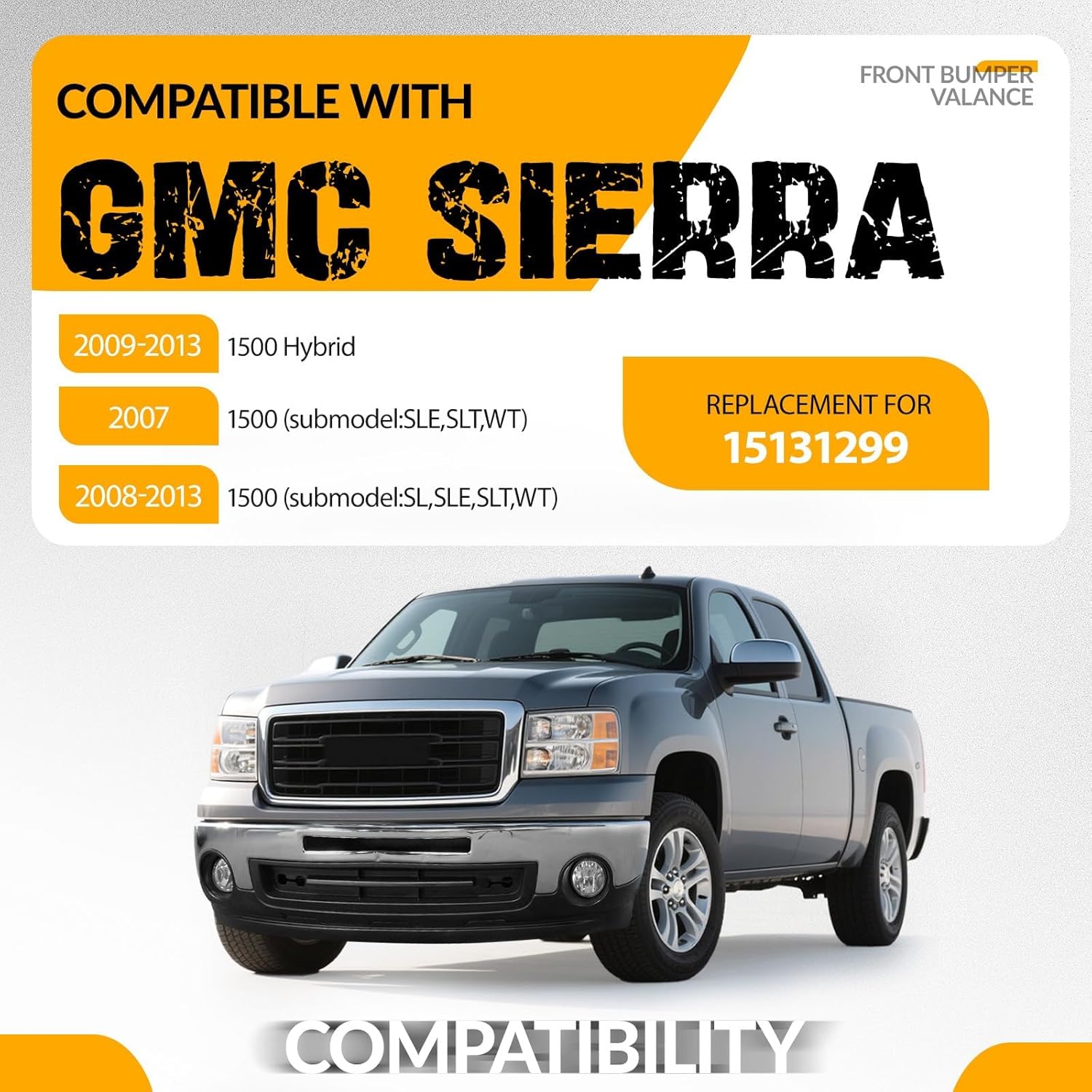 KUAFU Front Bumper Lower Valance Compatible with 2007-2013 GMC Sierra 1500 Replacement for 15131299 GM1015100 Air Dam Deflector w/Tow Hook Hole, Fog Light Holes & Grille Provision