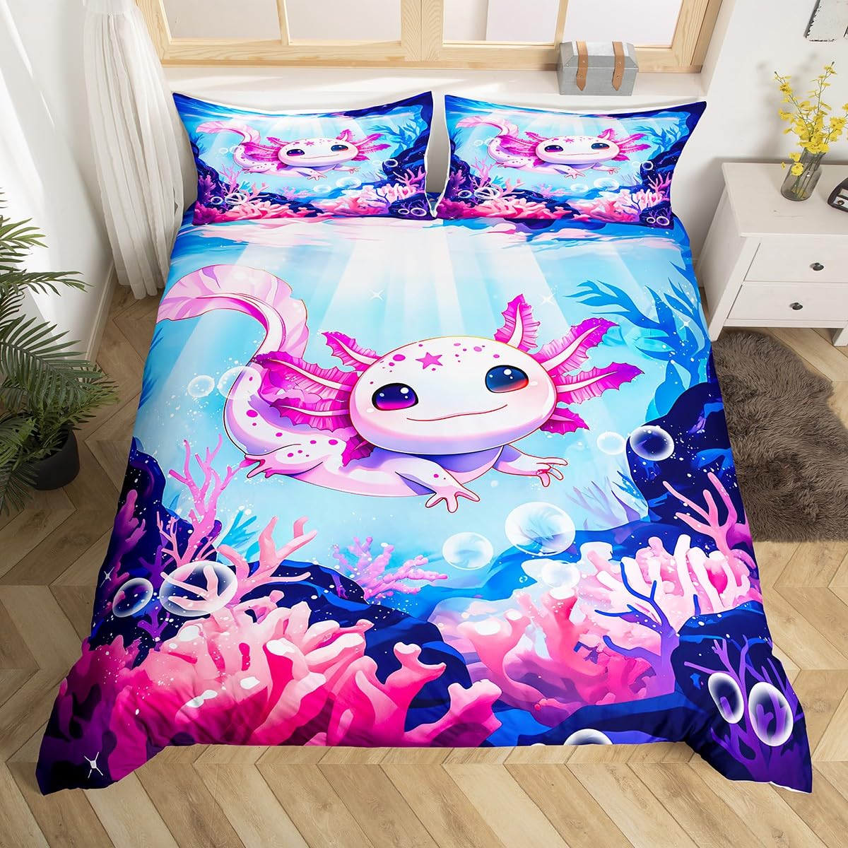 Homemissing Süß Kinder Axolotl Bettbezug Set Ozean Coral Bettwäsche Set 135x200cm Jungen Mädchen Zeichentrick Tier Bettwäsche-Set Schlafzimmer Dekor