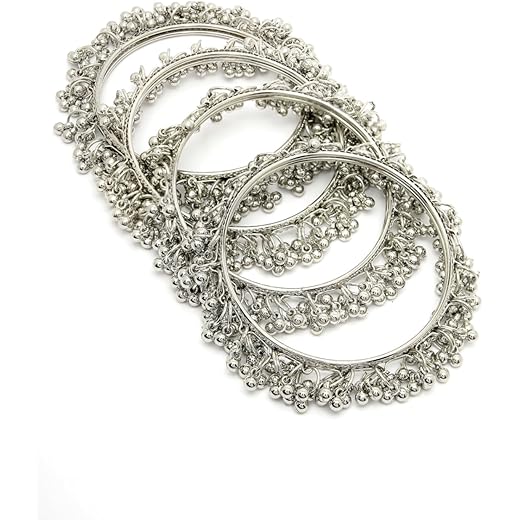 Sukkhi Navratri Festival Creative Oxidised Rhodium Plated Ghungroo Beadded Silver Bracelet Bangle Set Jewellery for Women & Girls |Set of 4|B106027