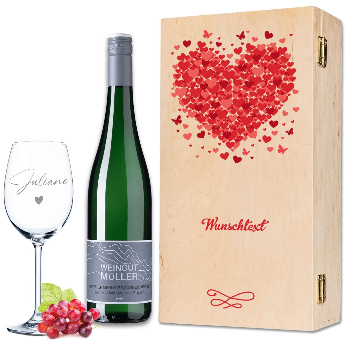 GRAVURZEILE Leonardo Weinglas graviert mit Namen inkl. bedruckter Holzkiste - Herzensmensch - Geschenk für Frauen & Männer - Geschenkidee zum Geburtstag, Jahrestag & zur Hochzeit - Farbe: Geschenkset