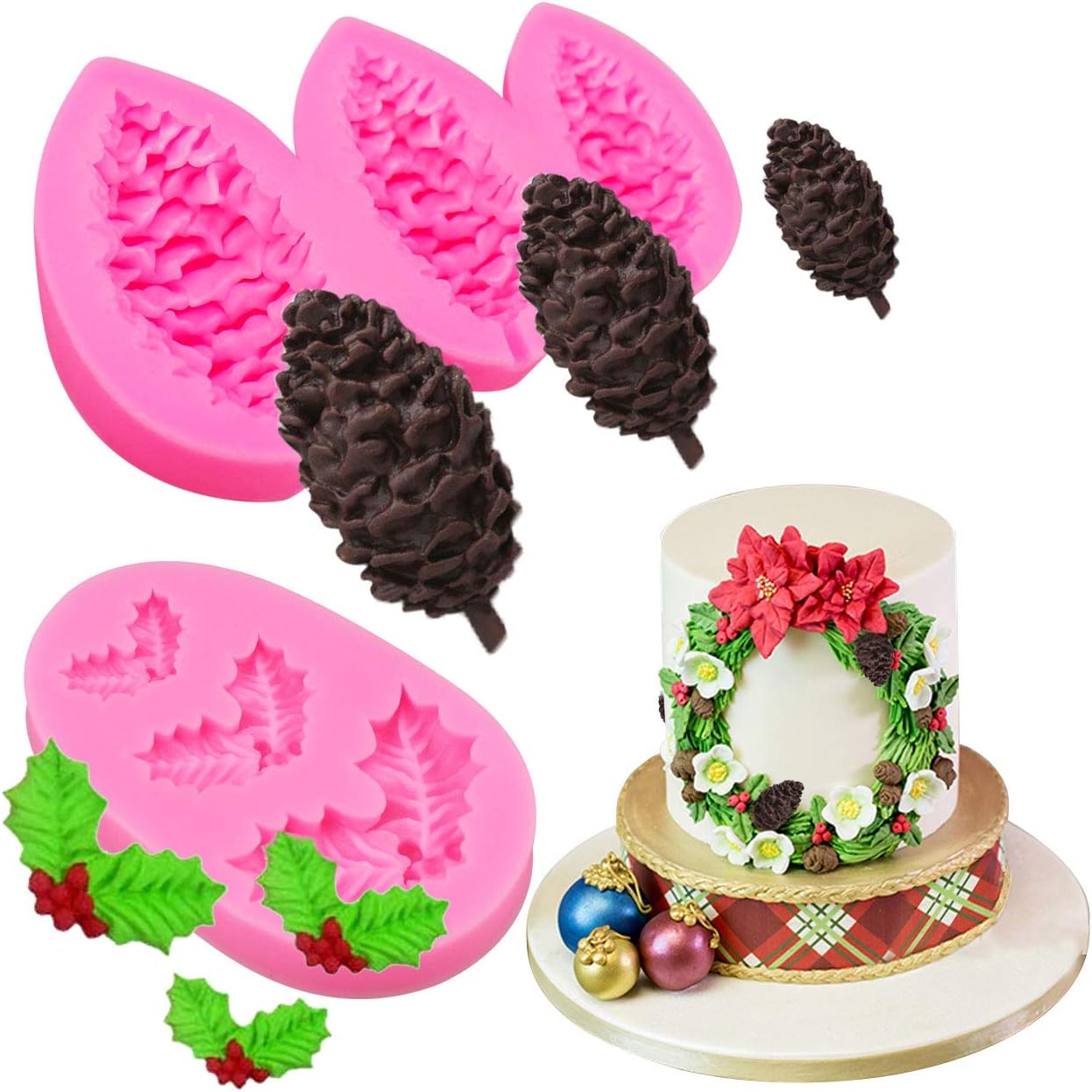 BUSOHA Christmas Silicone Molds - Christmas Holly Leafs/Pine Cone Fondant Silicone Molds Baking Chocolate Candy Sugar Craft Cake Decorations Molds