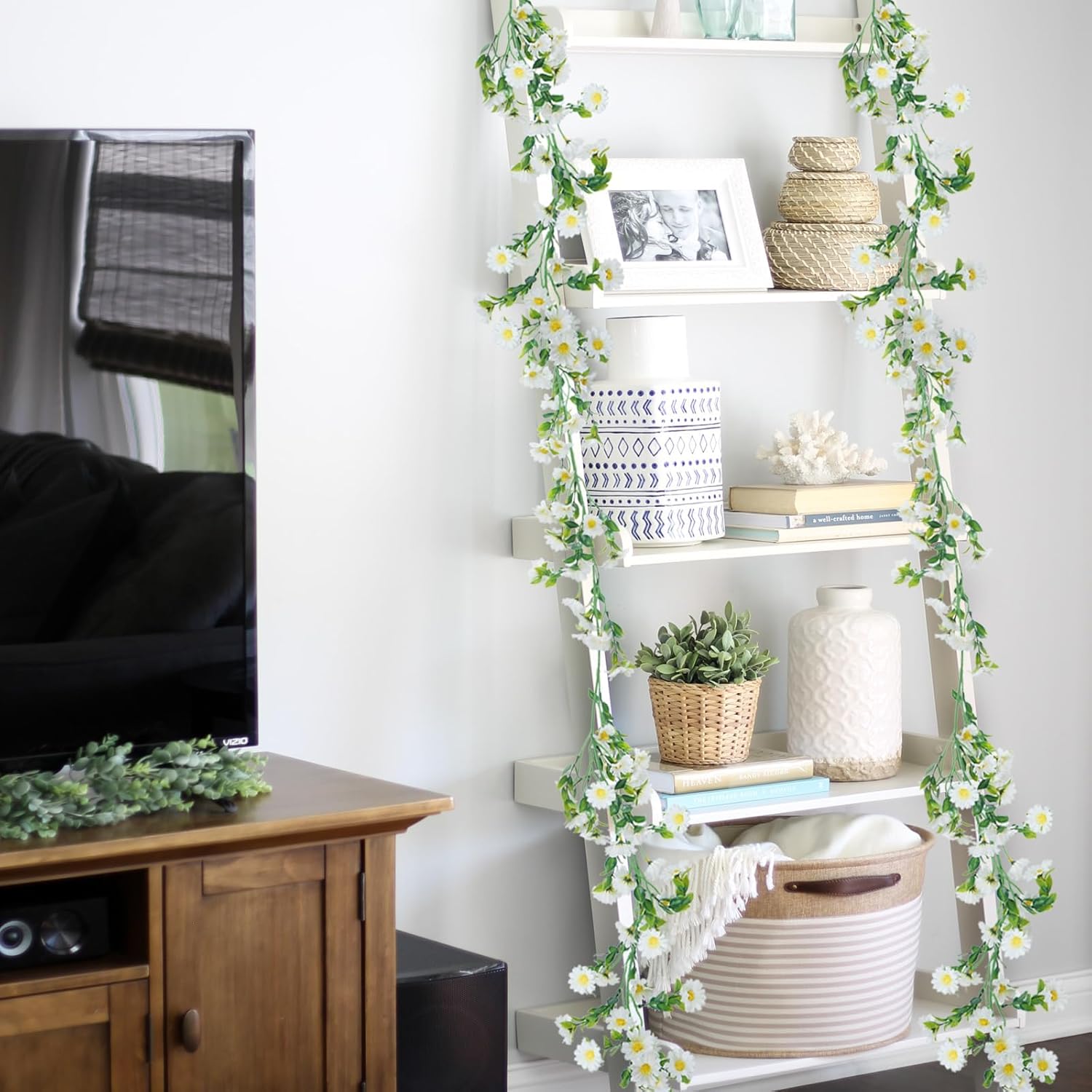 2 Pack White Flower Garland Artificial Daisy Silk Wildflower Hanging Flowers Fake Floral Vines Garland for Table Decoration Backdrop Wall Home Party Wedding Indoor Outdoor DIY Cemetery Decor - Image 3