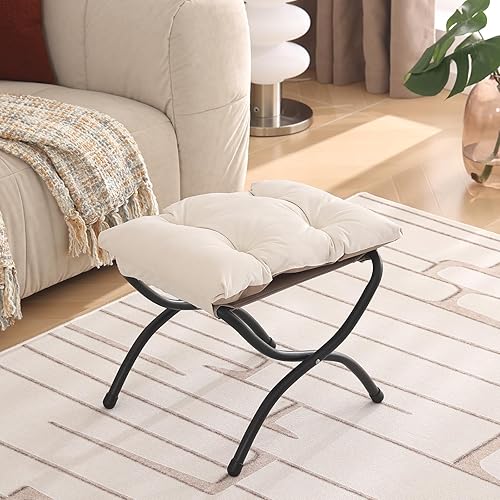 Welnow Taburete plegable, otomana tapizada con acento pequeño con cojín de algodón grueso desmontable acolchado y marco de metal para silla