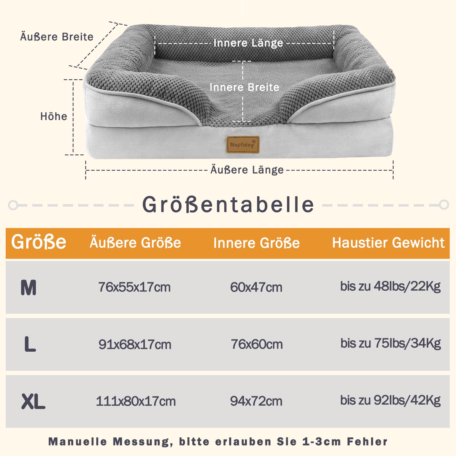 Nepfaivy Hundebett Grosse Hunde Orthopädisch - 111x80x17cm Hundekorb Hundesofa Waschbar mit Eiförmigem Schaumstoff, Hundecouch mit Hohem Rand und Rutschfestem Boden für Große Hunde
