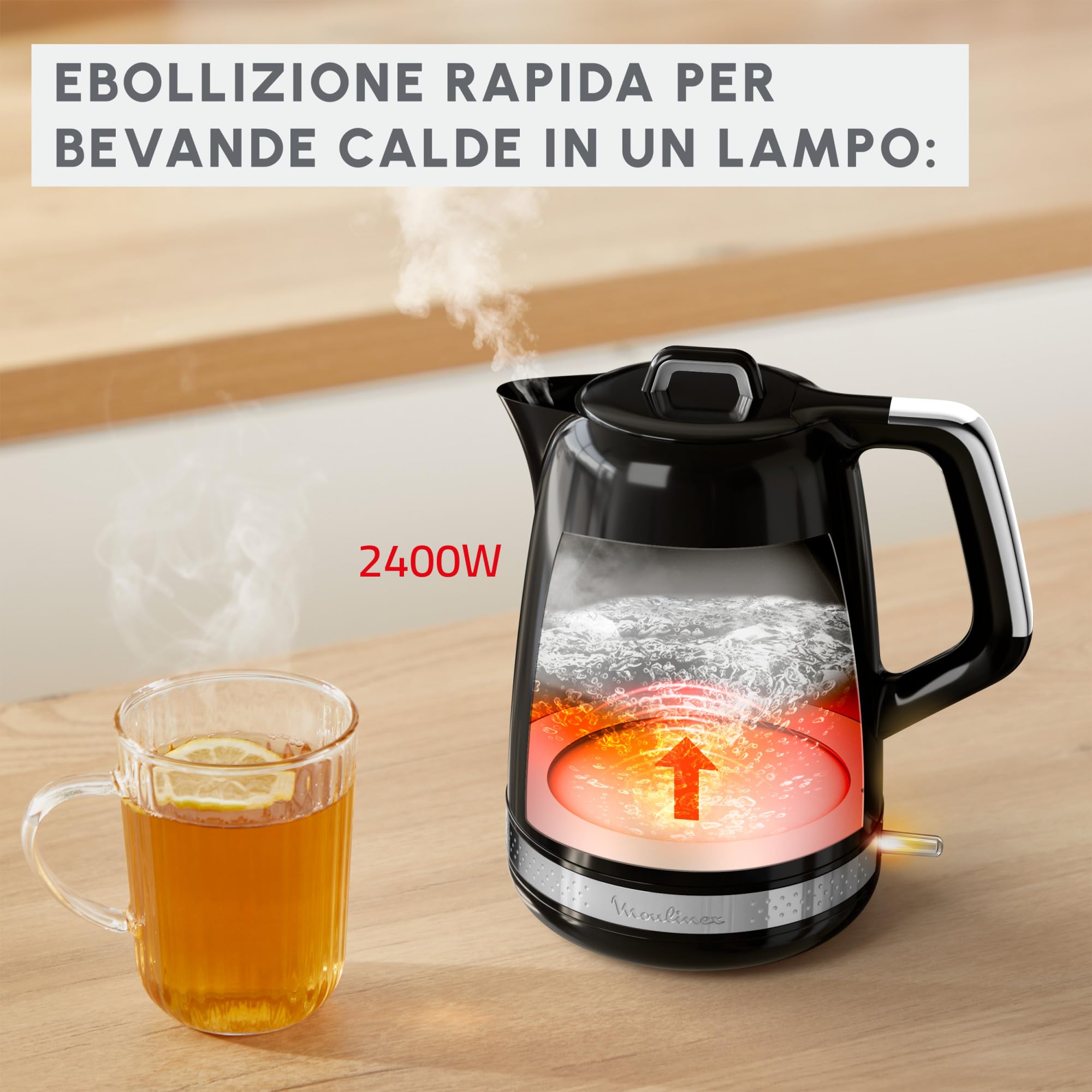 Moulinex Soleil, Bollitore Elettrico da 1.7 L con Controllo Temperatura, Potenza di 2400 W, Riscaldamento Rapido e Spegnimento Automatico, Filtro Anticalcare Amovibile, BY3558