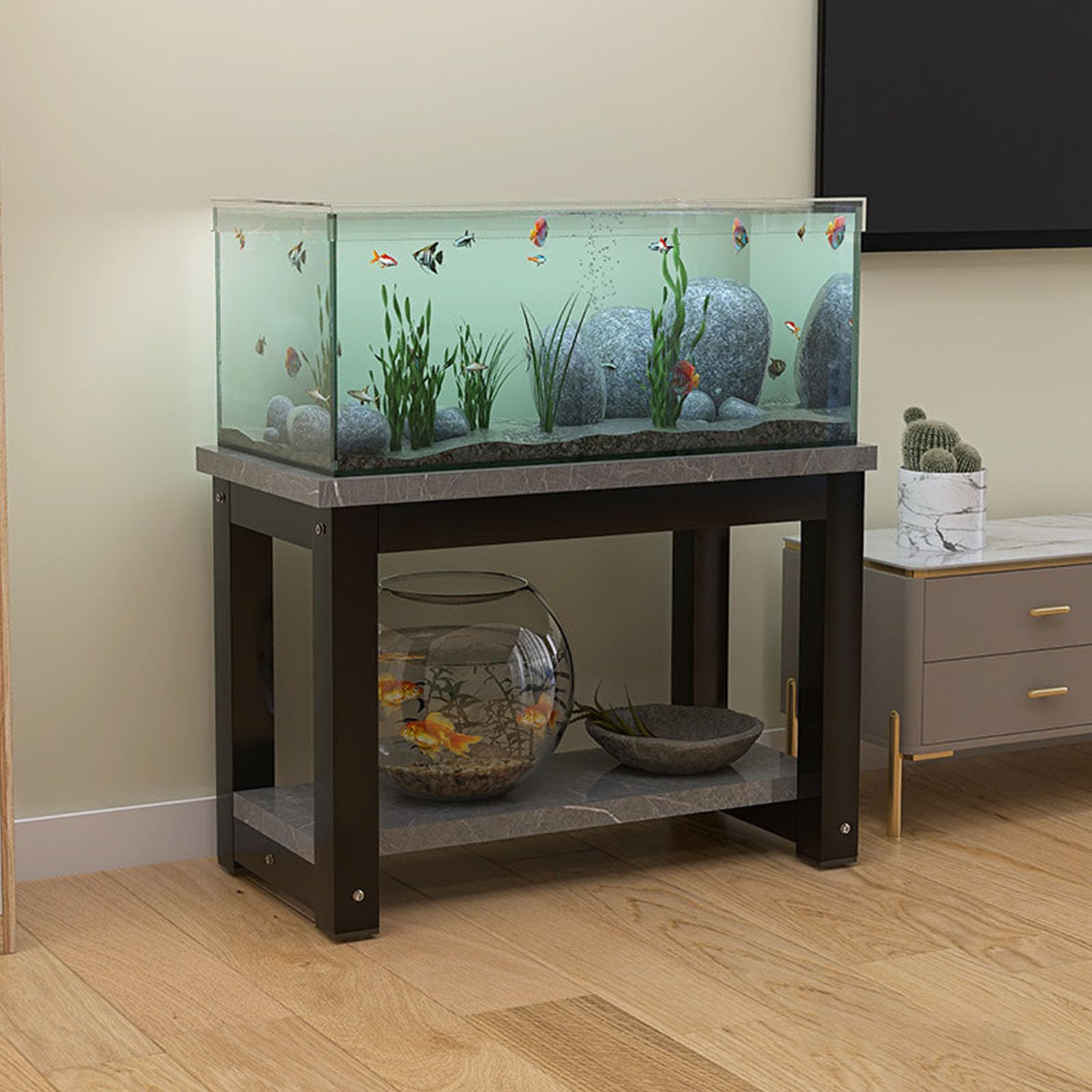 Soporte Suelo para Pecera Soporte Acuario 2 Capas Mesa para Acuario FáCil Montar Acero Engrosado 5 X 5 Cm Gran Capacidad Carga Adecuado para Uso DoméStico Black + Grey Stone Veins 50x30cm/19.7x11.8in
