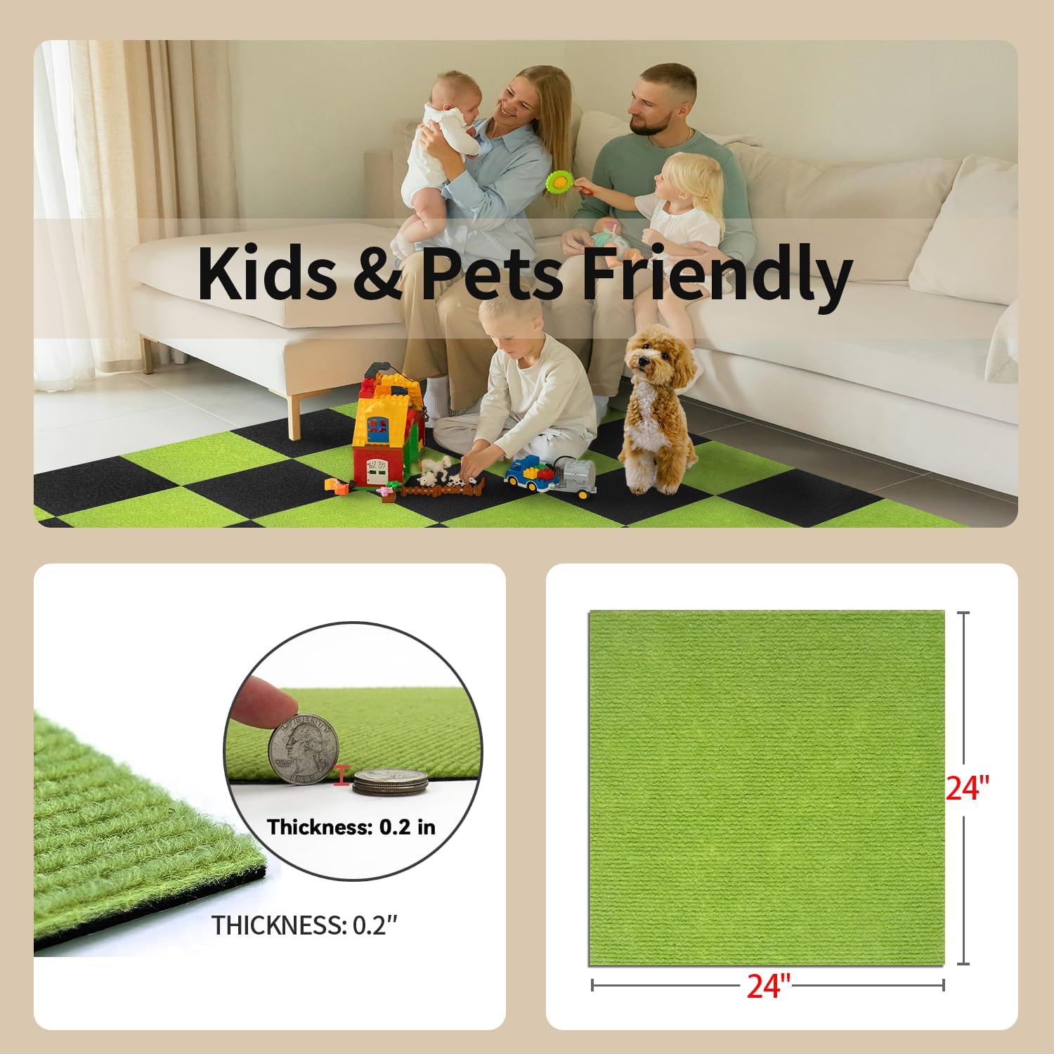 Carpet Tiles Peel and Stick 24”x 24” Carpet Squares 12Pcs Non-Slip Self Adhesive Floor Tile DIY Reusable Waterproof Carpet for Gym Garage Tiles Green