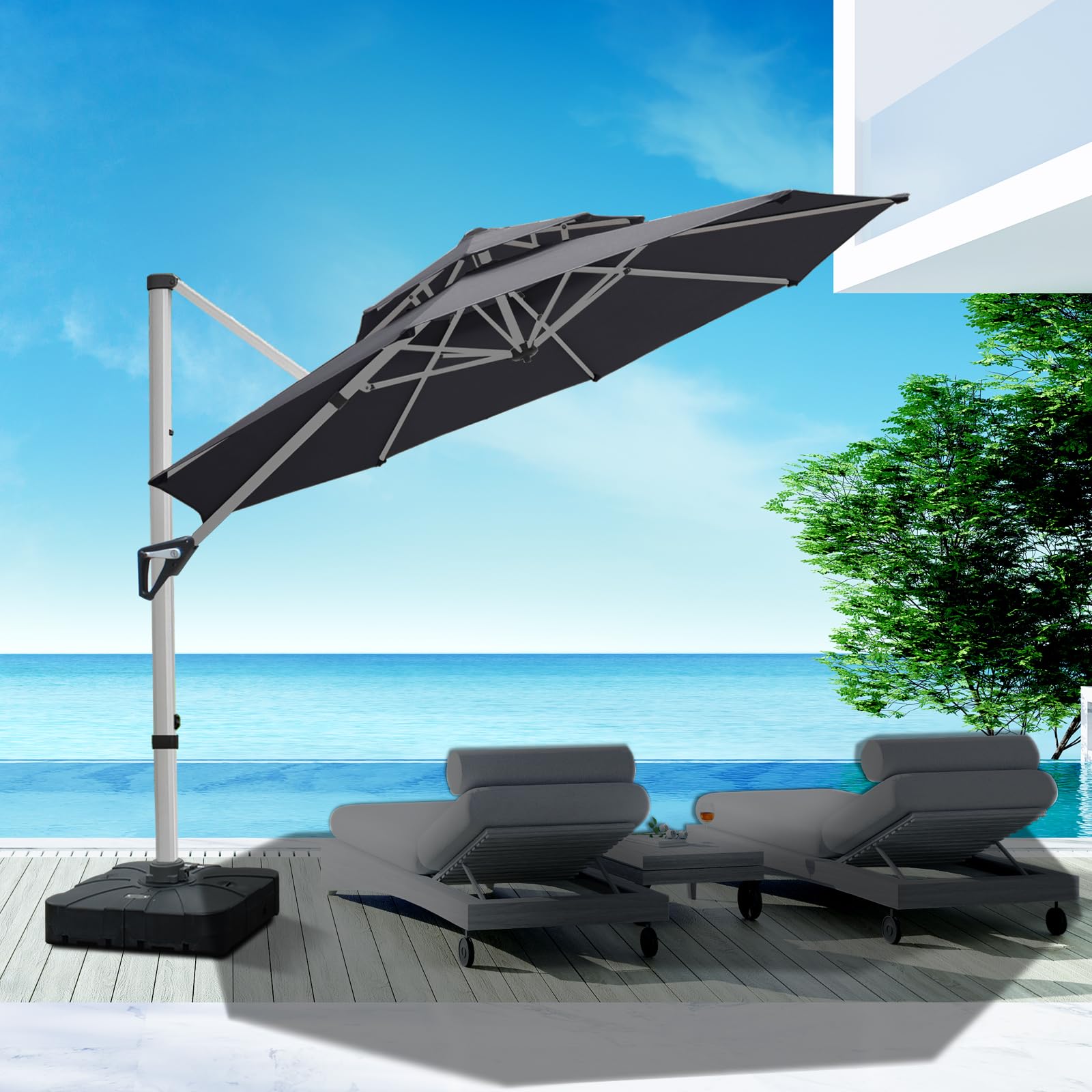 RANSENERS Ampelschirm 300 cm mit Schirmständer, Doppelter Baldachin, Drehbar 360°, Neigbar 0°-90°, Aluminium Rahmen, Extra-Dicker Gewebe, UV50+, für Garten, Terrasse, Cafe im Freien (Grau)