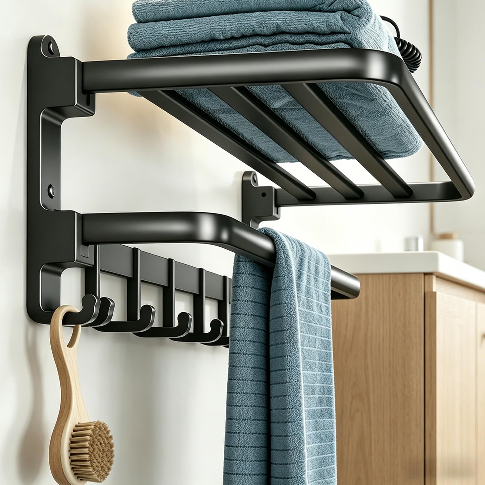 Wall Mounted Towel Rail, Adhesive Bathroom Towel Storage, Foldable Shelf With Hooks, For Bathroom, Kitchen Storage, Cloakroom, Laundry (Black)