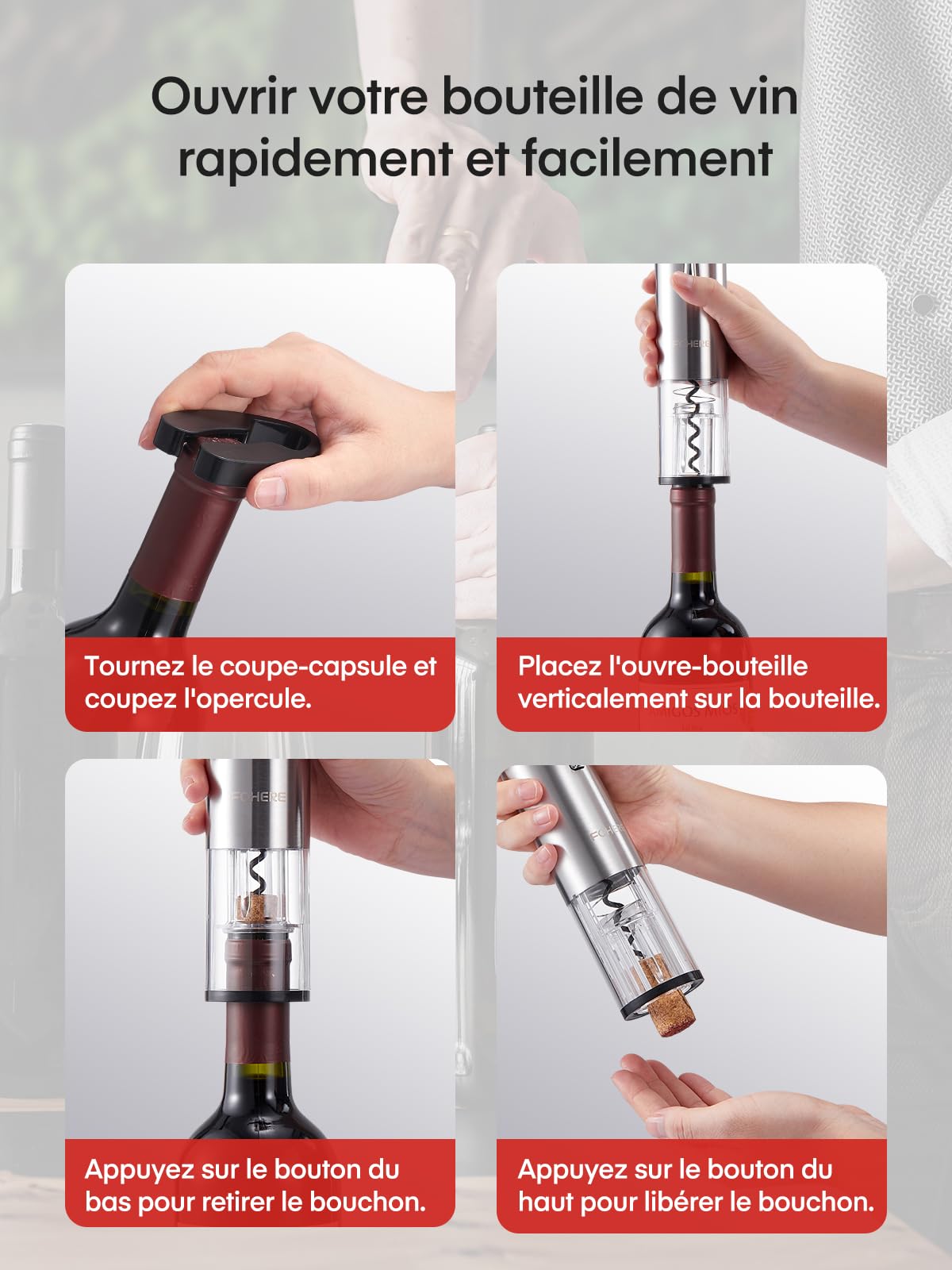 FOHERE Tire Bouchon Électrique Rechargeable, Ouvre Bouteille Electrique avec Socle Chargeur, Coupe-Capsule, Aérateur de Vin, Bouchon en silicone sous vide, Câble USB