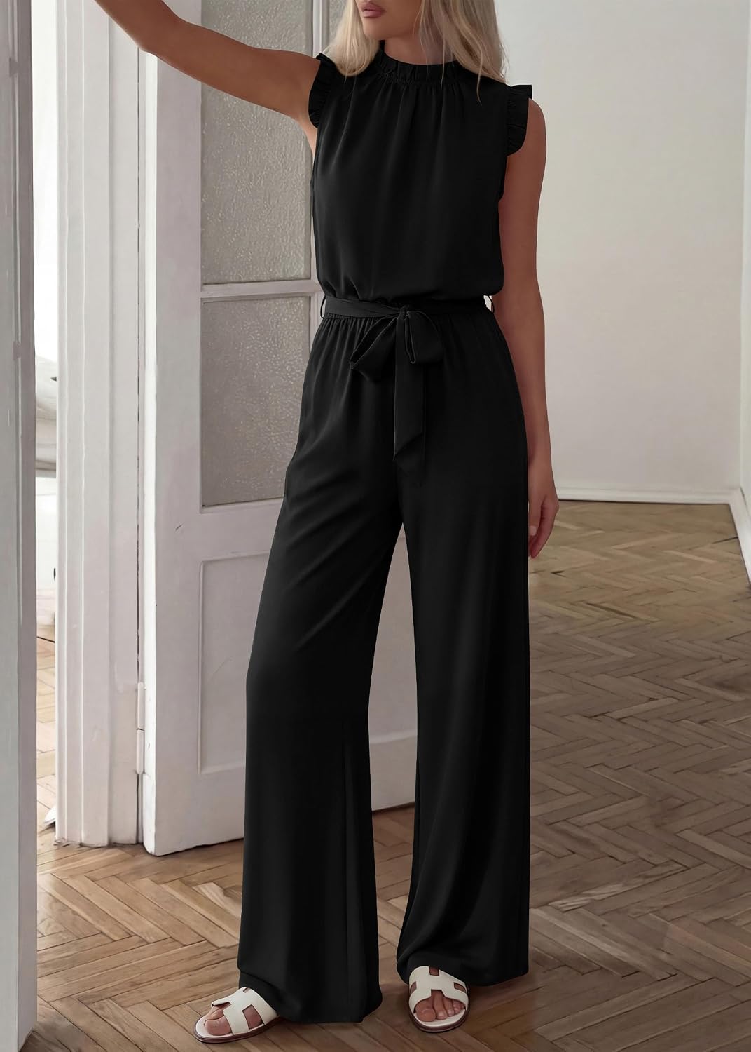 KIRUNDO Jumpsuits For Women Dressy Summer One Piece Sleeveless Ruffle Mock Neck Belt Pockets Formal Wide Leg Pants Romper