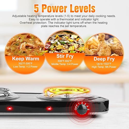 Miniatura 4 de Placa eléctrica de doble quemador de 2000 W, placa caliente portátil para cocinar, estufa de cocina con 5 ajustes de temperatura, quemador de