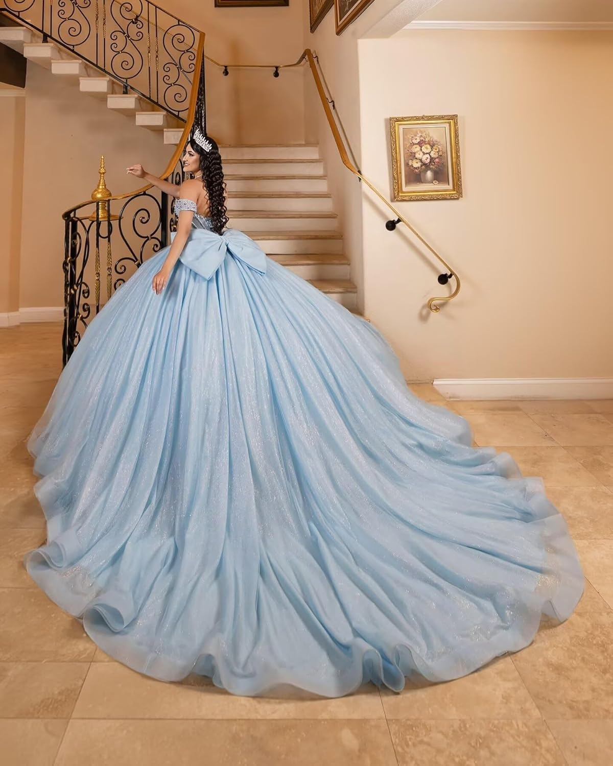 Vestidos de quinceañera con Brillo Lazo abullonados Cuentas Hombros Descubiertos Elegantes Vestidos de 16 años MT056