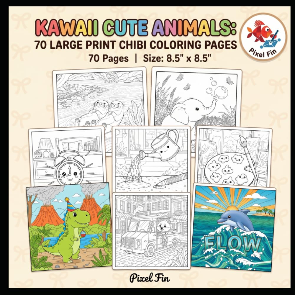 Kawaii Cute Animals: 70 Large Print Chibi Coloring Pages: Super Simple Designs with Very Thick Outlines and Immersive Backgrounds for All Ages - 8.5 x 8.5 Square Edition