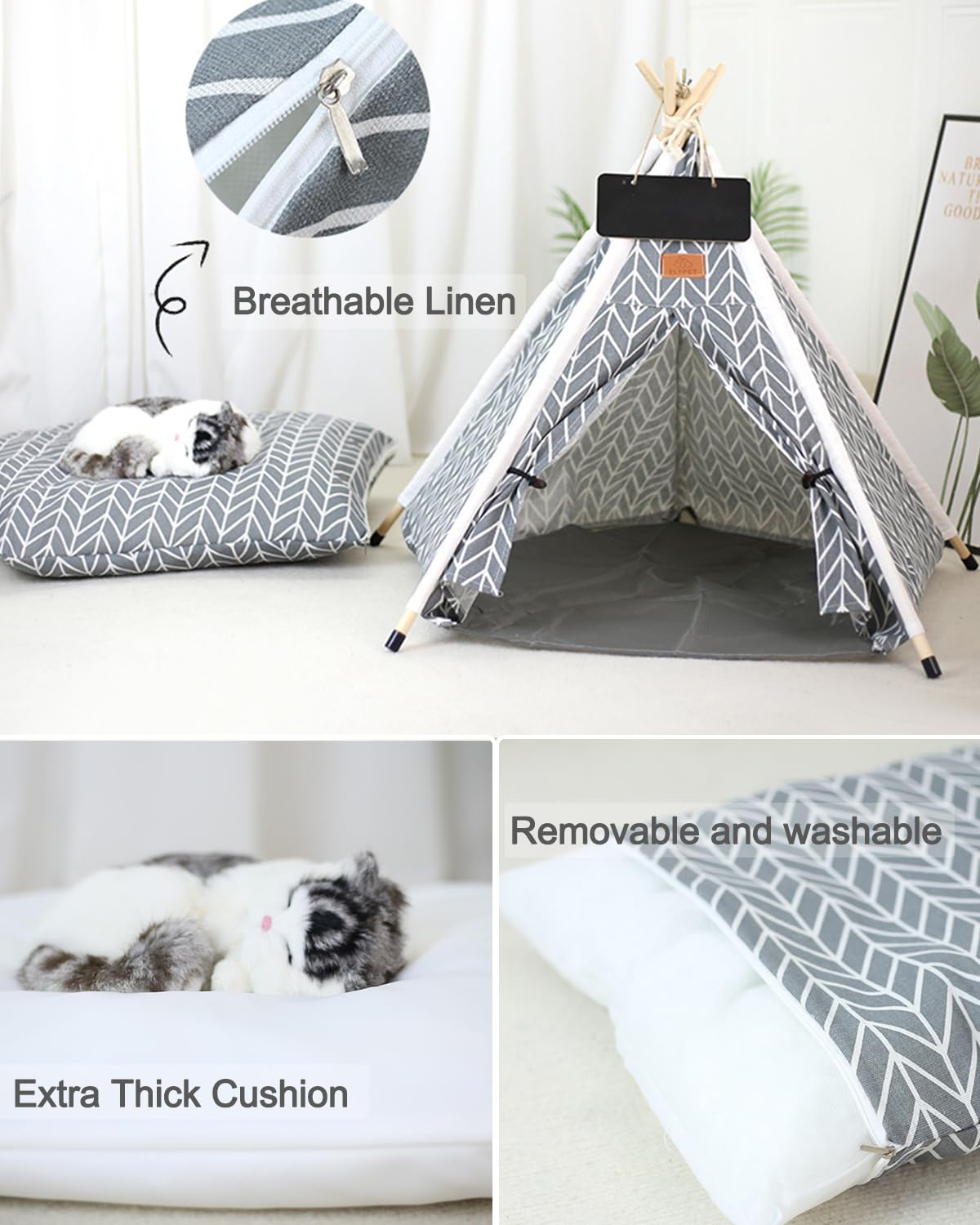Tente tipi pour chat et chien, tente d'intérieur avec coussin, tente d'intérieur pour petits animaux de compagnie pour chiens et chats, cachette tipi confortable pour chiots, chatons et