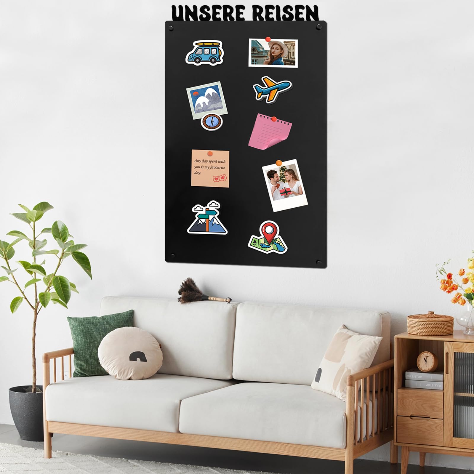 Magnettafel Schwarz 80×50 cm – Magnetwand/Pinnwand magnetisch für Küche, Büro & Kinderzimmer – Memoboard für Fotos, Notizen & Magnete ("UNSERE REISEN")