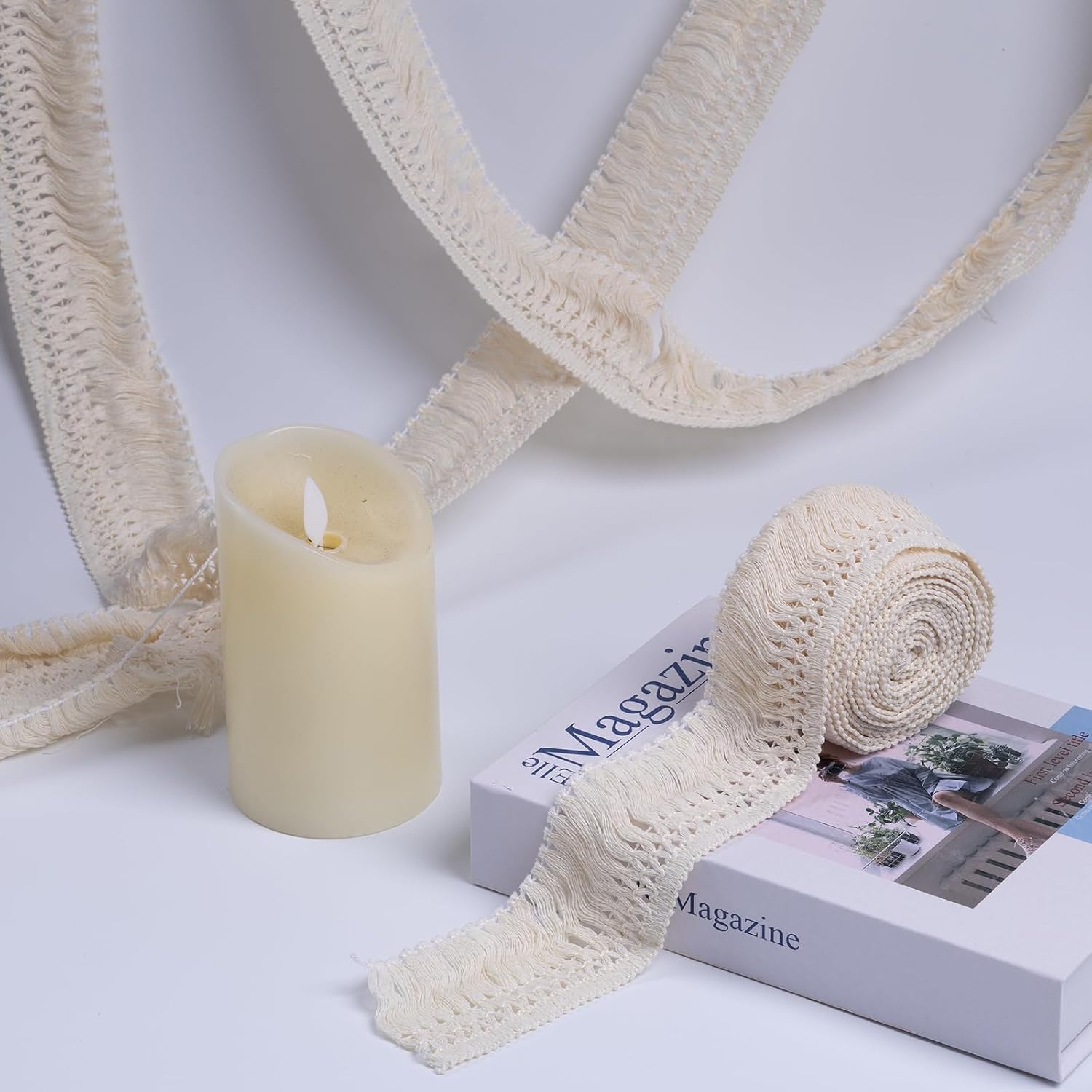 Pine & Linen 10 Yards 6cm/2.3inch Wide Boho Long Fringe Trim,Cotton Tassel for Clothes Beige Lace Trimming Fringe Trim,Sewing Crafts Accessories for Home Decor(White)