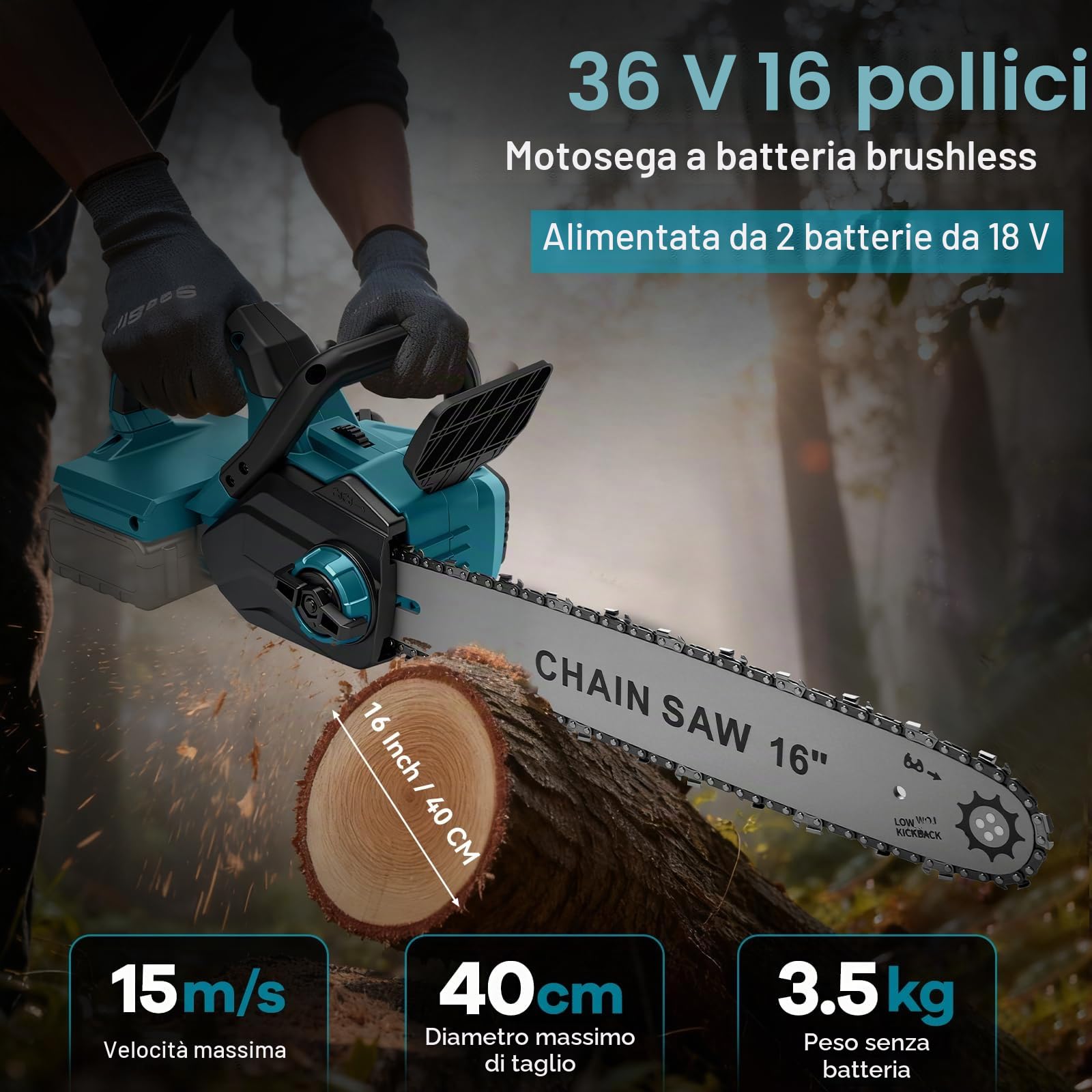 Sega a catena a batteria da 16 pollici con guida da 40 cm, sega elettrica per batteria Makita da 18 V, motore senza spazzole da 1600 W, tensione della catena senza attrezzi e oliazione automatica