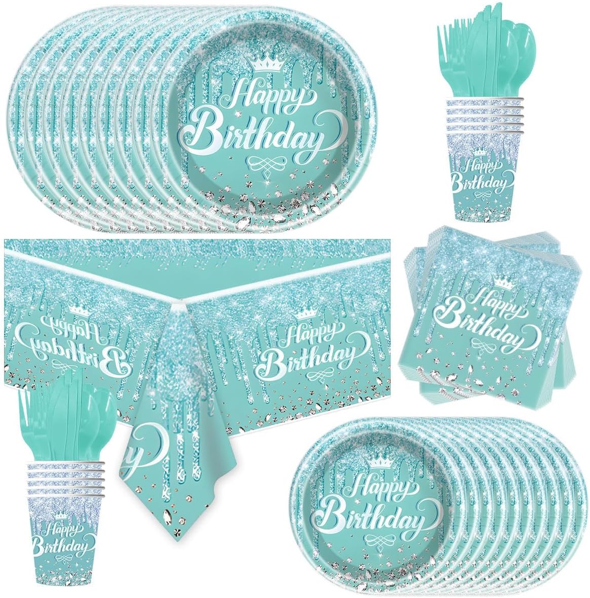 81Pcs Teal and Silver Tableware Set Sparkling Diamonds Party Decoration for Girls and Women Birthday Party Supplies (Blue)