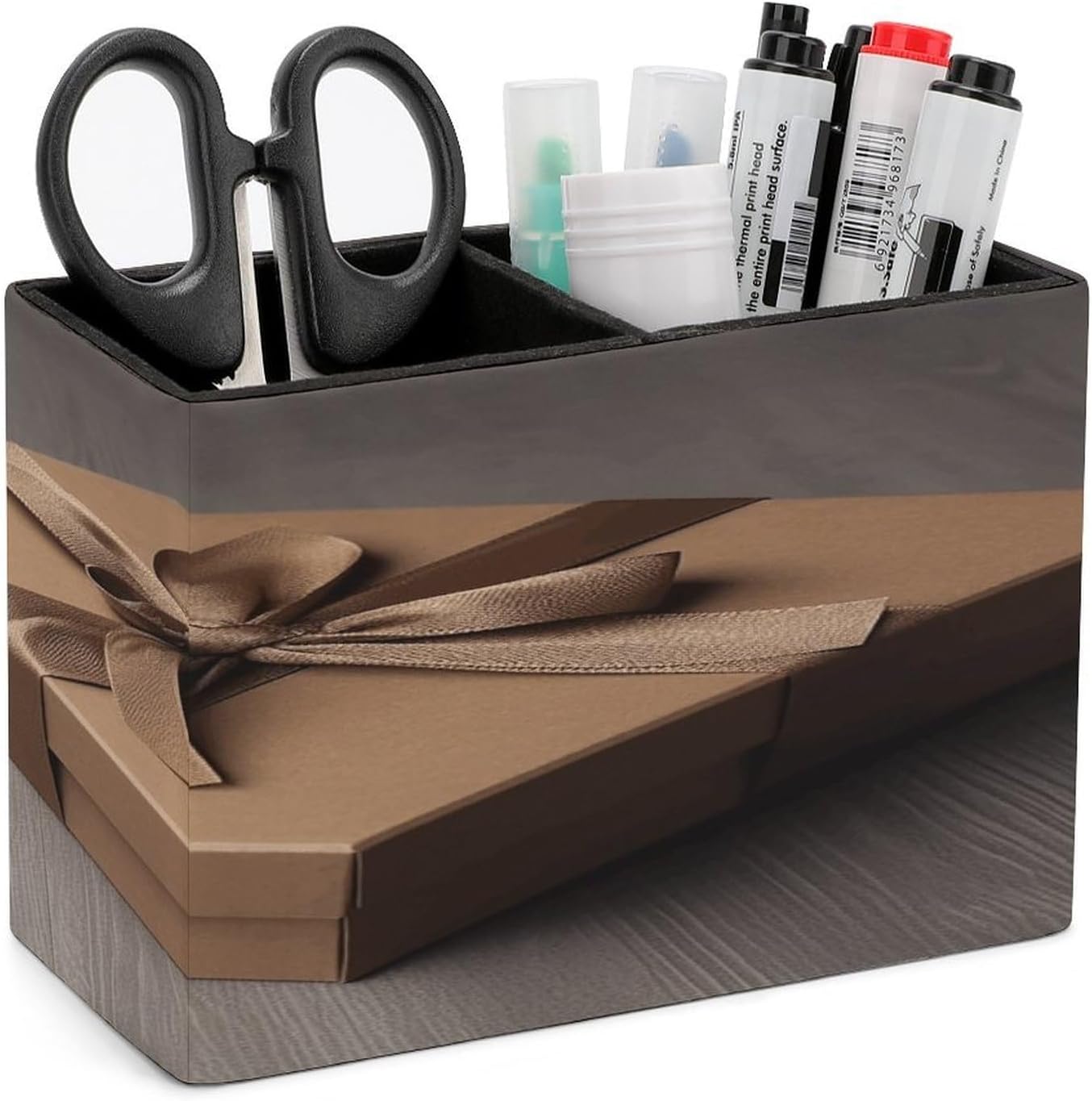 Brown Gift Box Pencil Cup PU Leather Pen Holder for Desk Dual-Compartment Stylish Pencil Cup Remote Control Holder Multifunctional Desktop Organizer Caddy for Office Home