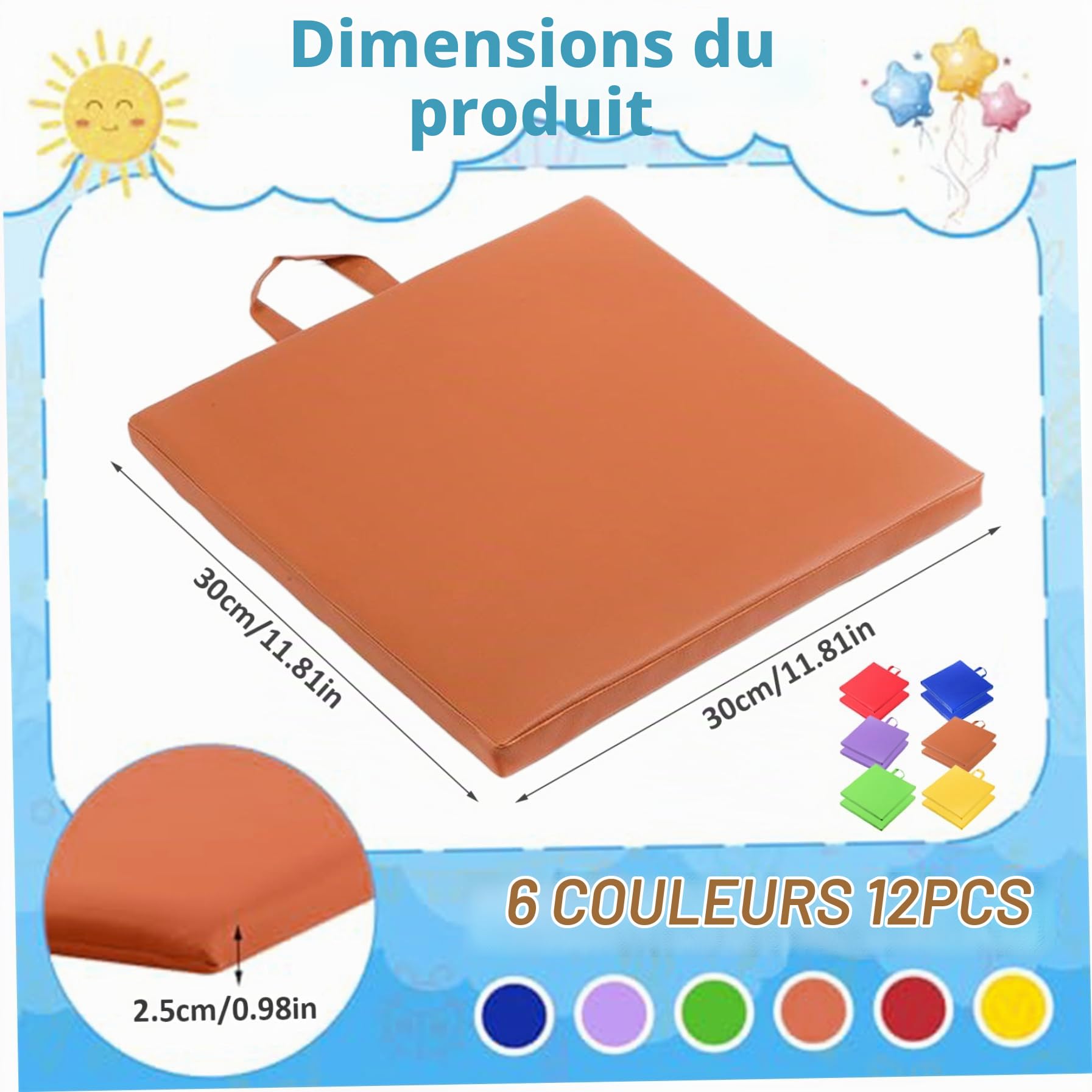Coussins de sol pour salle de classe, 12pcs de 12 pcs de siège flexible imperméable avec poignée, siège au sol rectangulaire de 6 couleurs, coussins de plancher pour enfants, garderie, école maternel