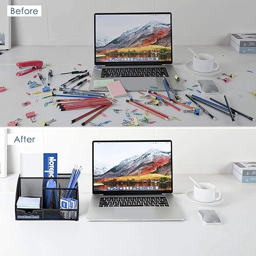 Miniatura 6 de Refand - Organizador de escritorio de malla suministros de oficina de escritorio multifuncional soporte para bolígrafos con 6 compartimentos y 1