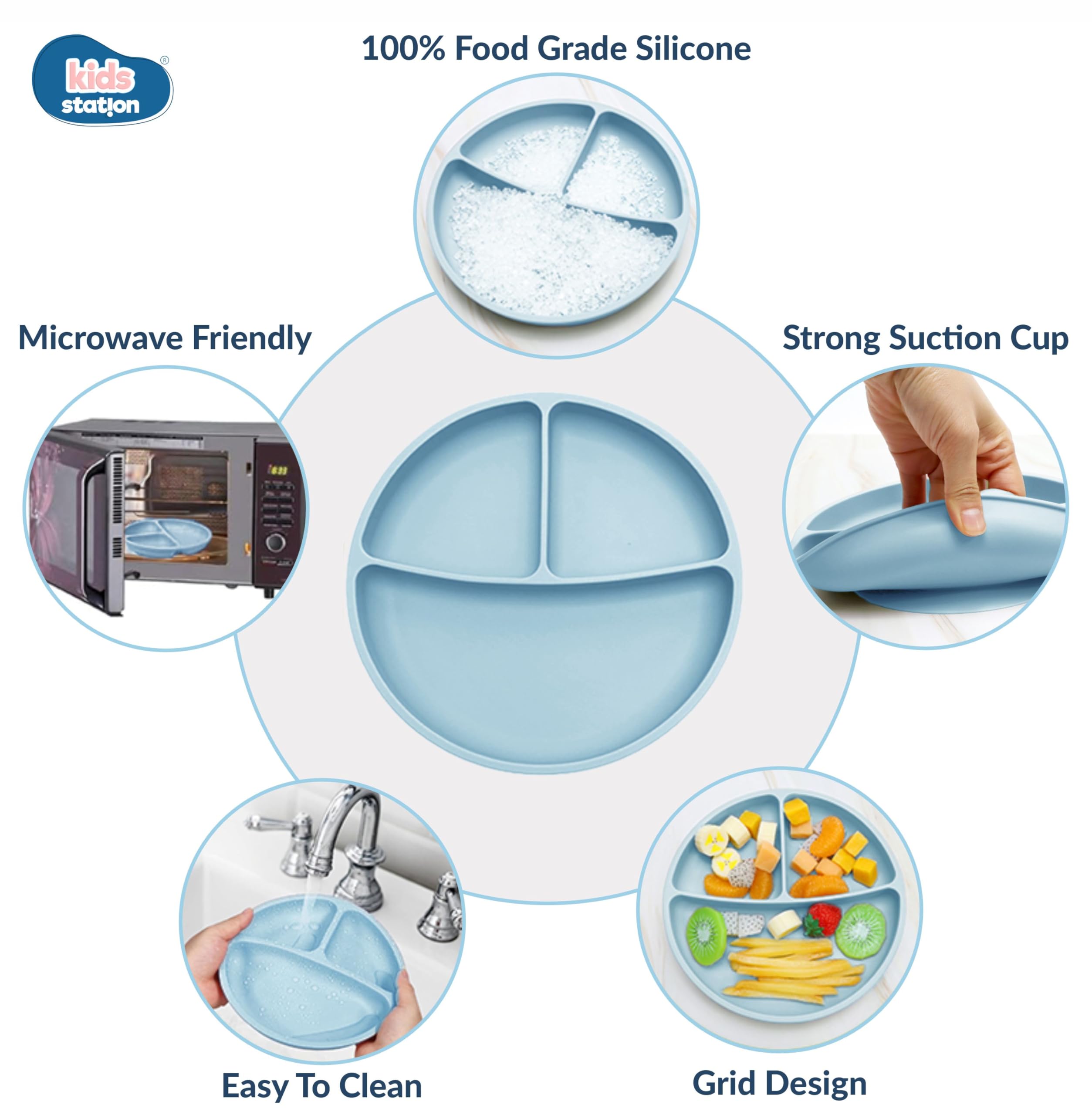 Kids Station 3 Piece BPA-Free Silicone Baby Feeding Set - Baby Plate - Spoon and Bowl - Make Mealtime Fun - Microwave Safe - Unbreakable Eco-Friendly - Organic & Natural (Blue) 4