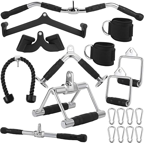 Junkin 19 piezas de barras extraíbles LAT para máquina de cables para gimnasio en casa, cuerda de tríceps, equipo de tracción para máquina de peso,
