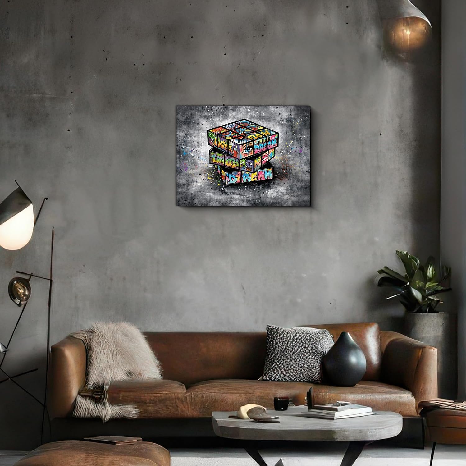 OVQJZIS 12"x16" Stretched Canvas Wall Art with Wood Inner Frame, Graffiti Magic Puzzle Cube Wall Decor, Urban Street Art Game Room Decor, White Gray Modern Artwork Ready to Hang for Teen Bedroom Living Room Office