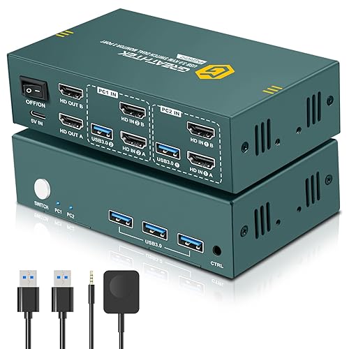 HDMI KVM Switch 2 Monitors 2 Computers 4K@60Hz, USB3.0 KVM Switch Dual Monitor with 3 USB 3.0 Ports Sharing Keyboard and Mouse, Printer/Scanner, Desktop Controller - USB3.0+4KHDMI