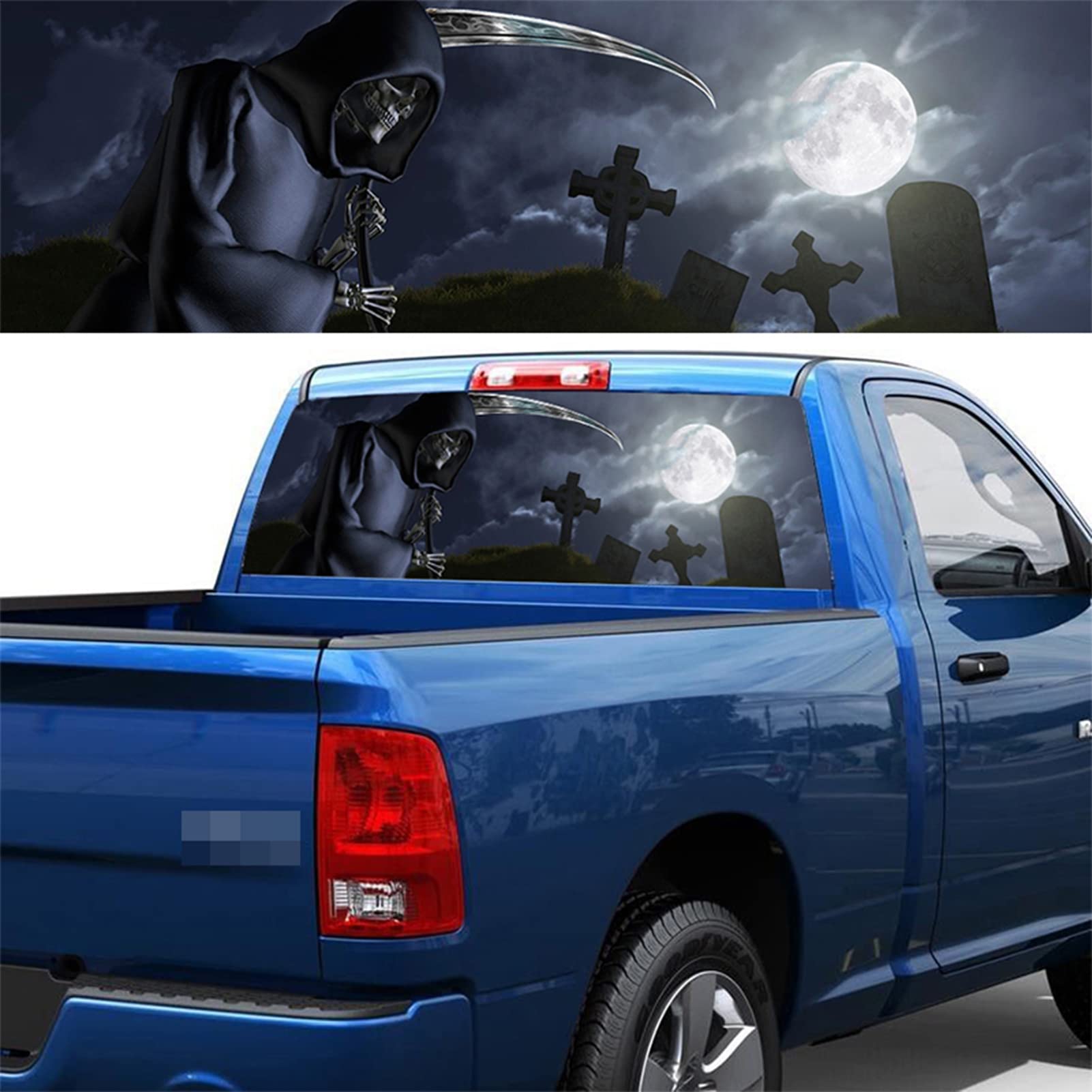 YHMX Grim Reaper Truck Rear Window Graphic Decal Perforated Decor Car Window Back Sticker Decals Stickers Fit SUV, Van, Truck, Auto, Pickup,165x56 cm