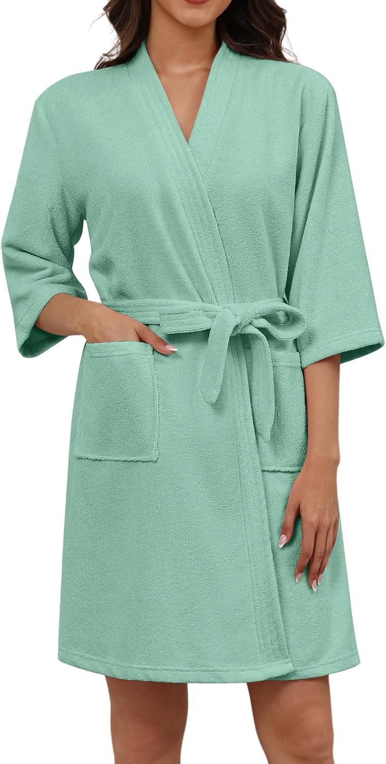 Ekouaer Women Terry Cloth Robes Absorbent Towel Robe Knee Length Soft Bathrobe 3/4 Sleeve Spa Robe with Pockets S-2XL